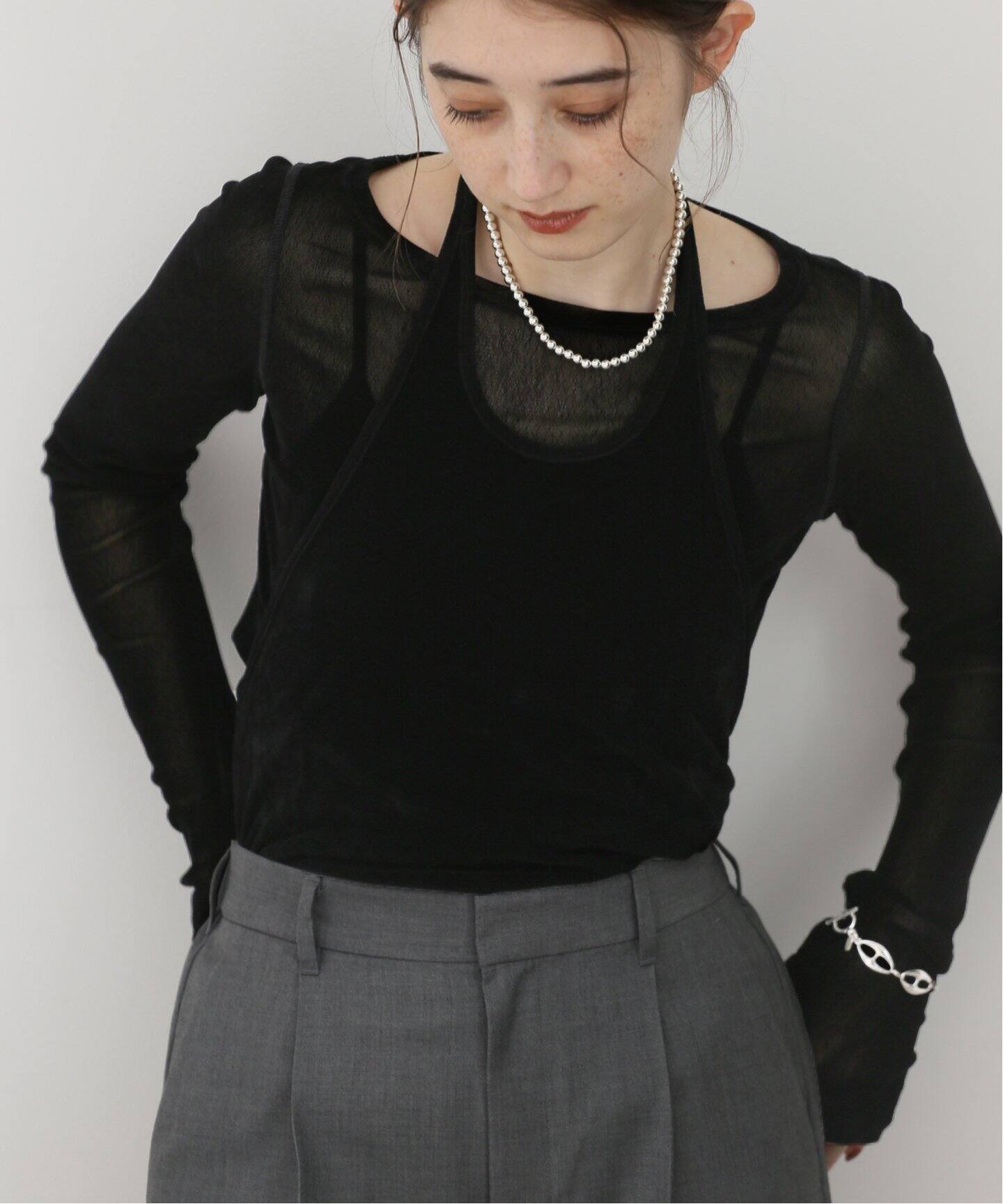 CLANE TULLE FLOCKY LAYERED TOPS 17105-1222（Tシャツ／カットソー 