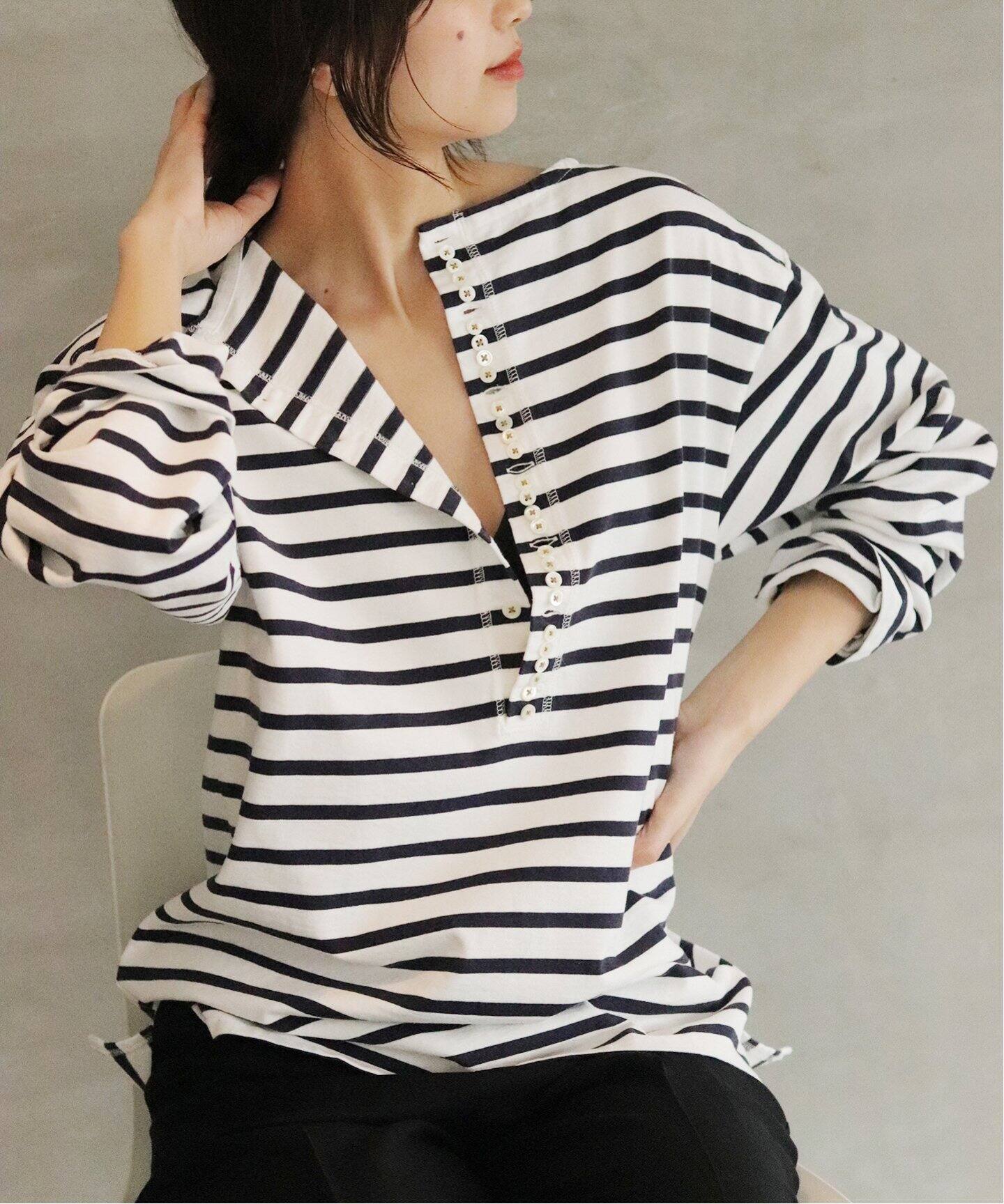 CURRENTAGE/カレンテージ】 BUTTON BDR ロングTシャツ（Tシャツ 