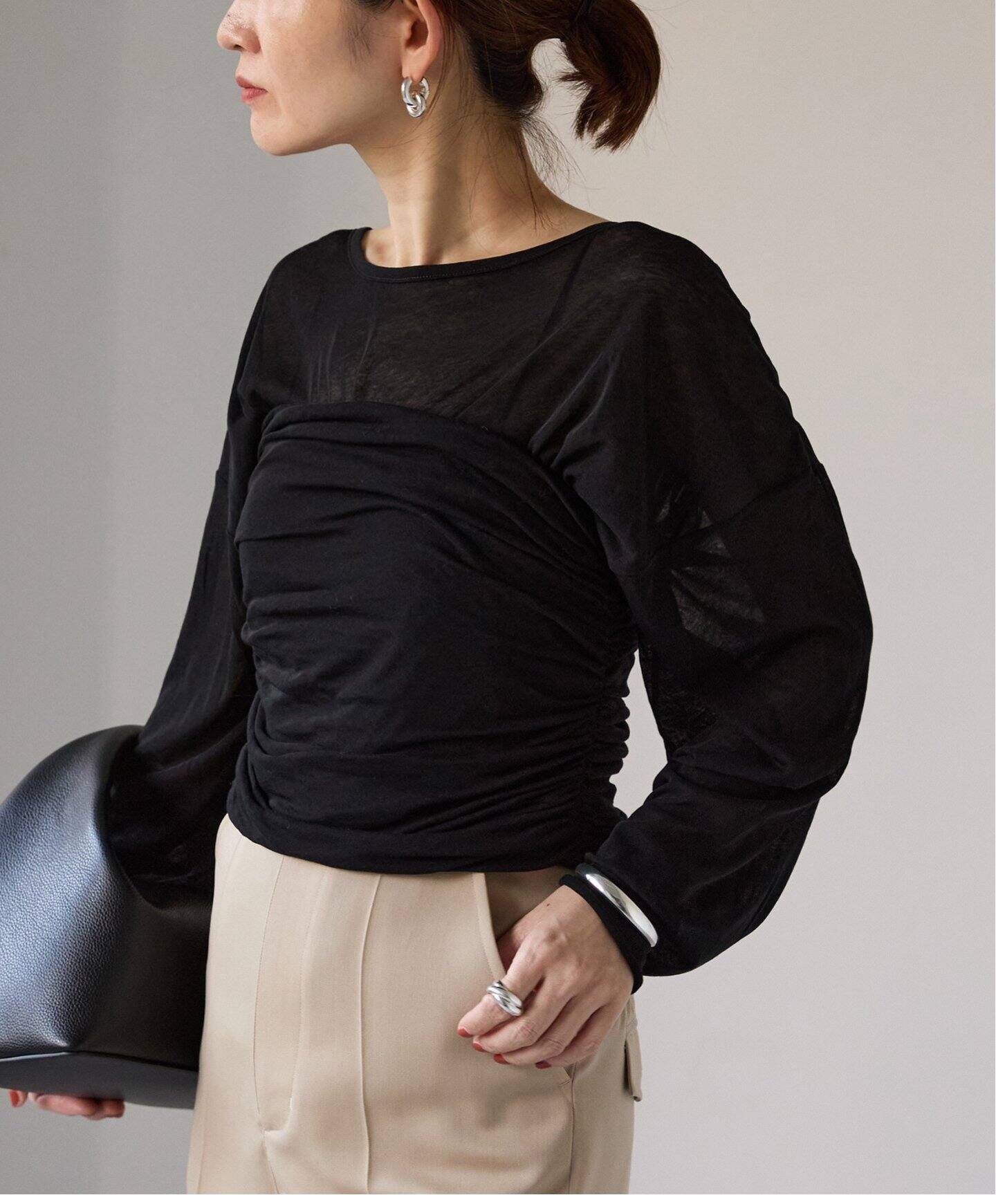 ガーゼcotton ギャザーコンビプルオーバー（Tシャツ／カットソー  