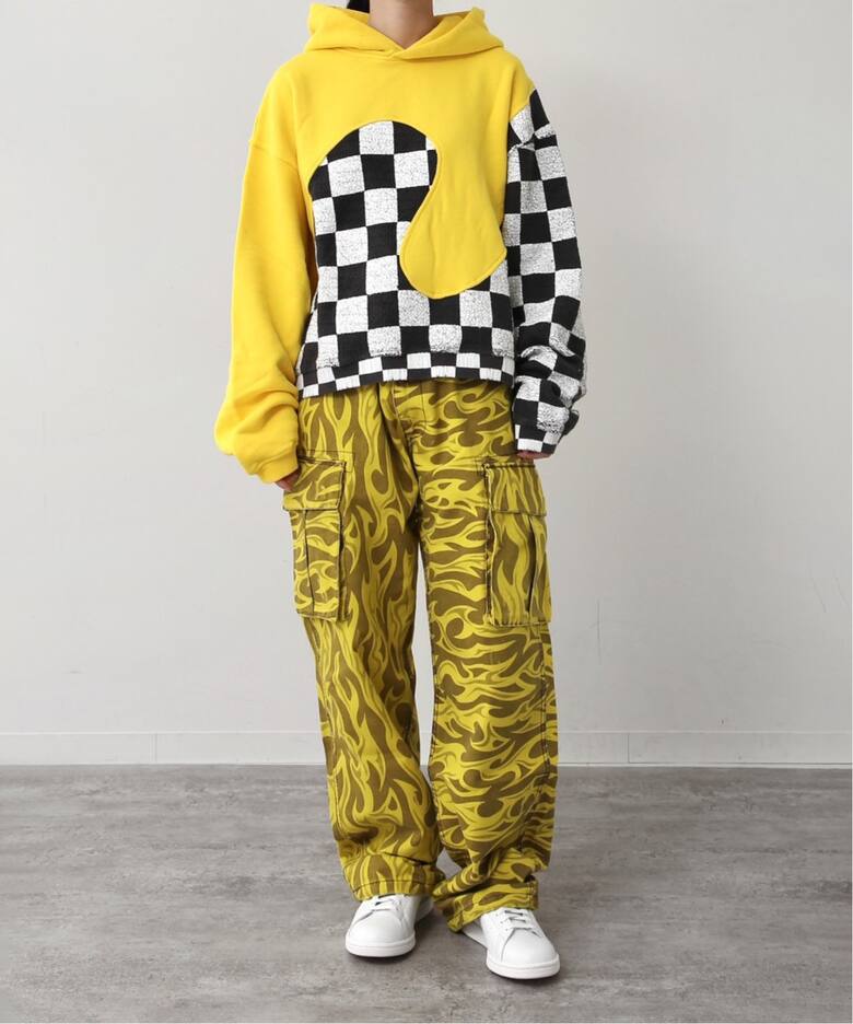 ERL / イーアールエル】 MEN YELLOW CHECKER SWIRL HOODIE KNIT 
