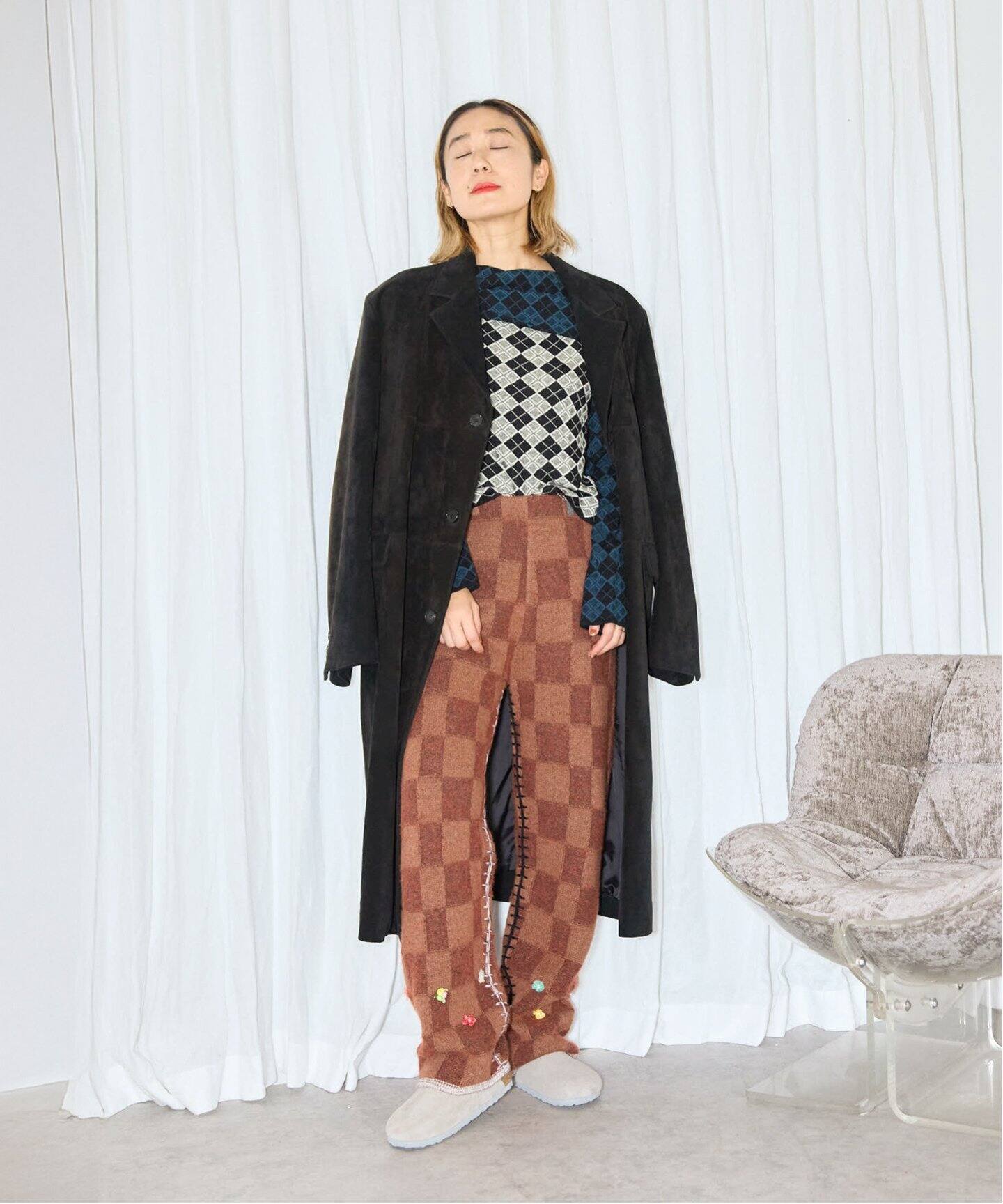 YANYAN LAMBSWOOL PLAITED CHECK PANTS YWW24-1571：ニットパンツ 