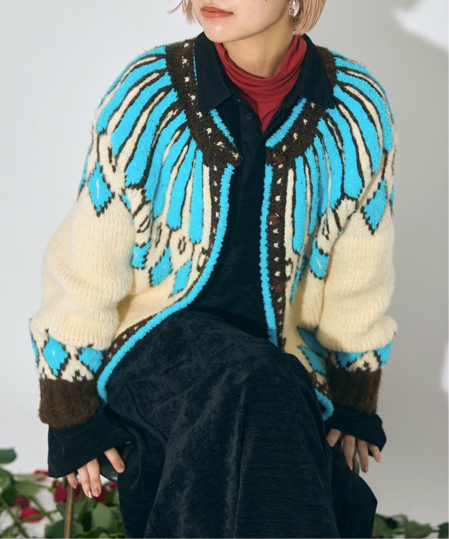 GREEN BUTTER TERRY ETHNIC ALPACA WOOL カーディガン（ニット