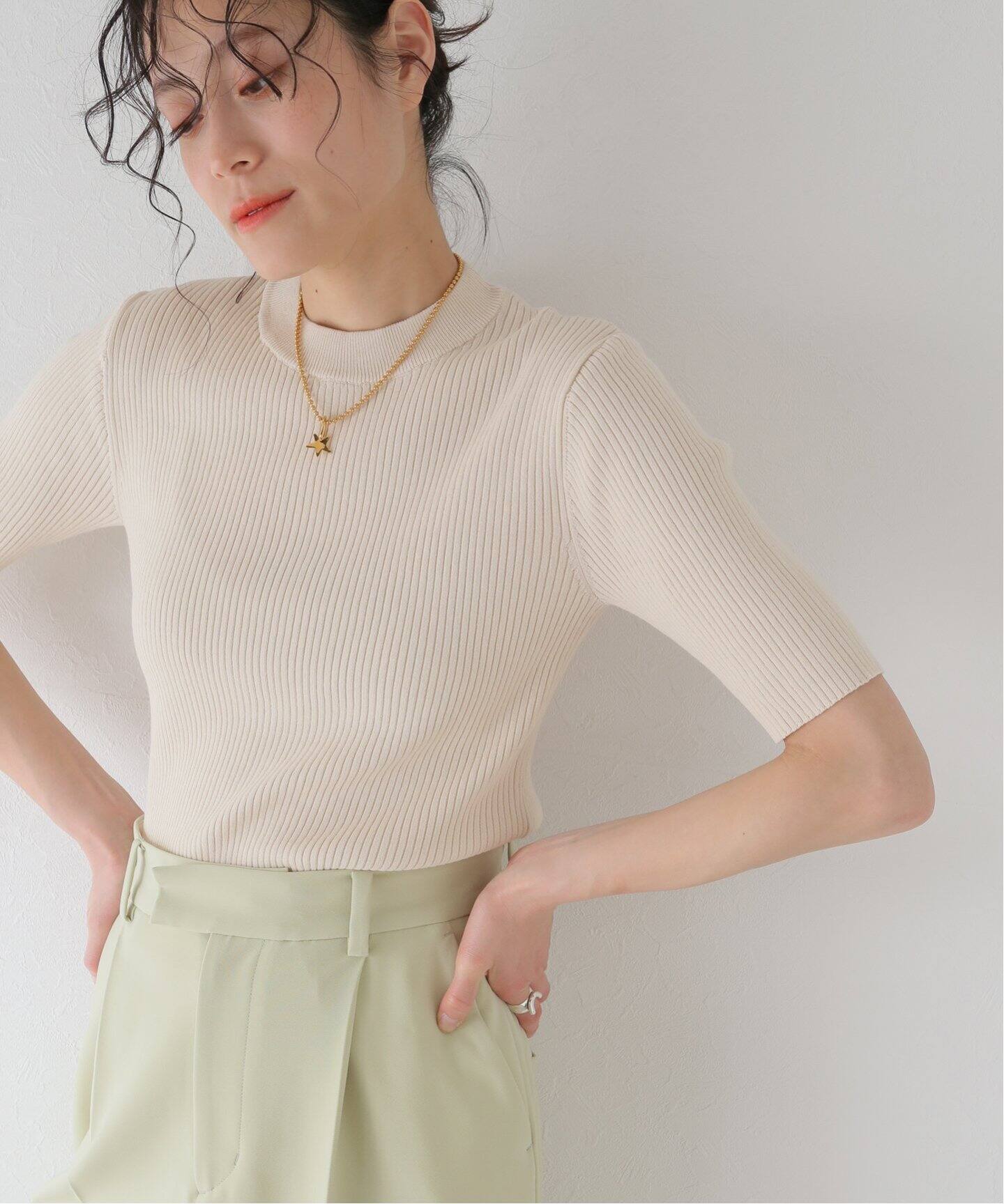 クラネ CLANE H/N HALF SLEEVE RIB KNIT TOPS （BEIGE