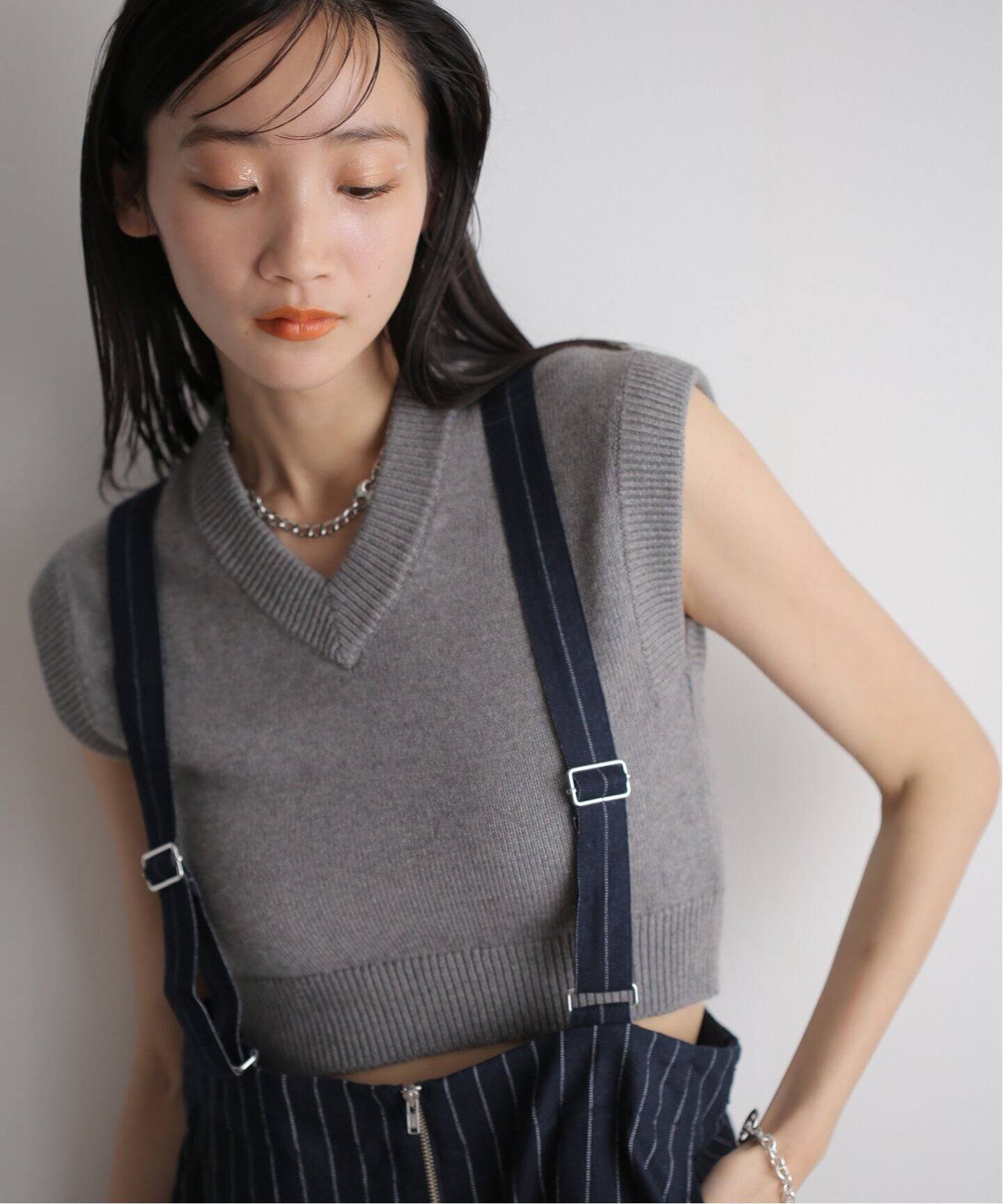 CLANE 2WAY FRILL V 沿う NECK KNIT TOPS ベージュ