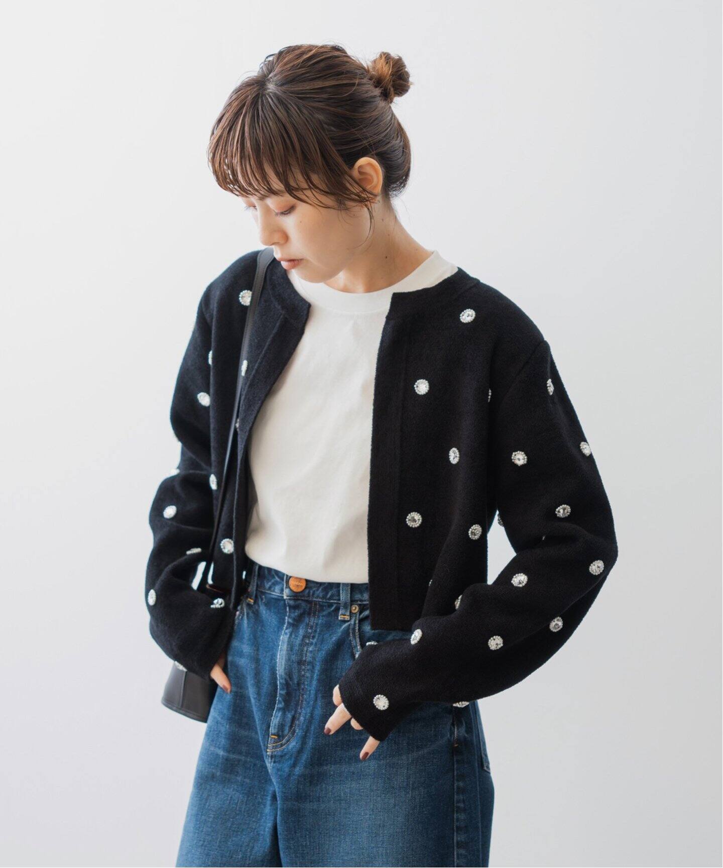 ビジューモールニットジャケット（ノーカラージャケット）｜Spick and  