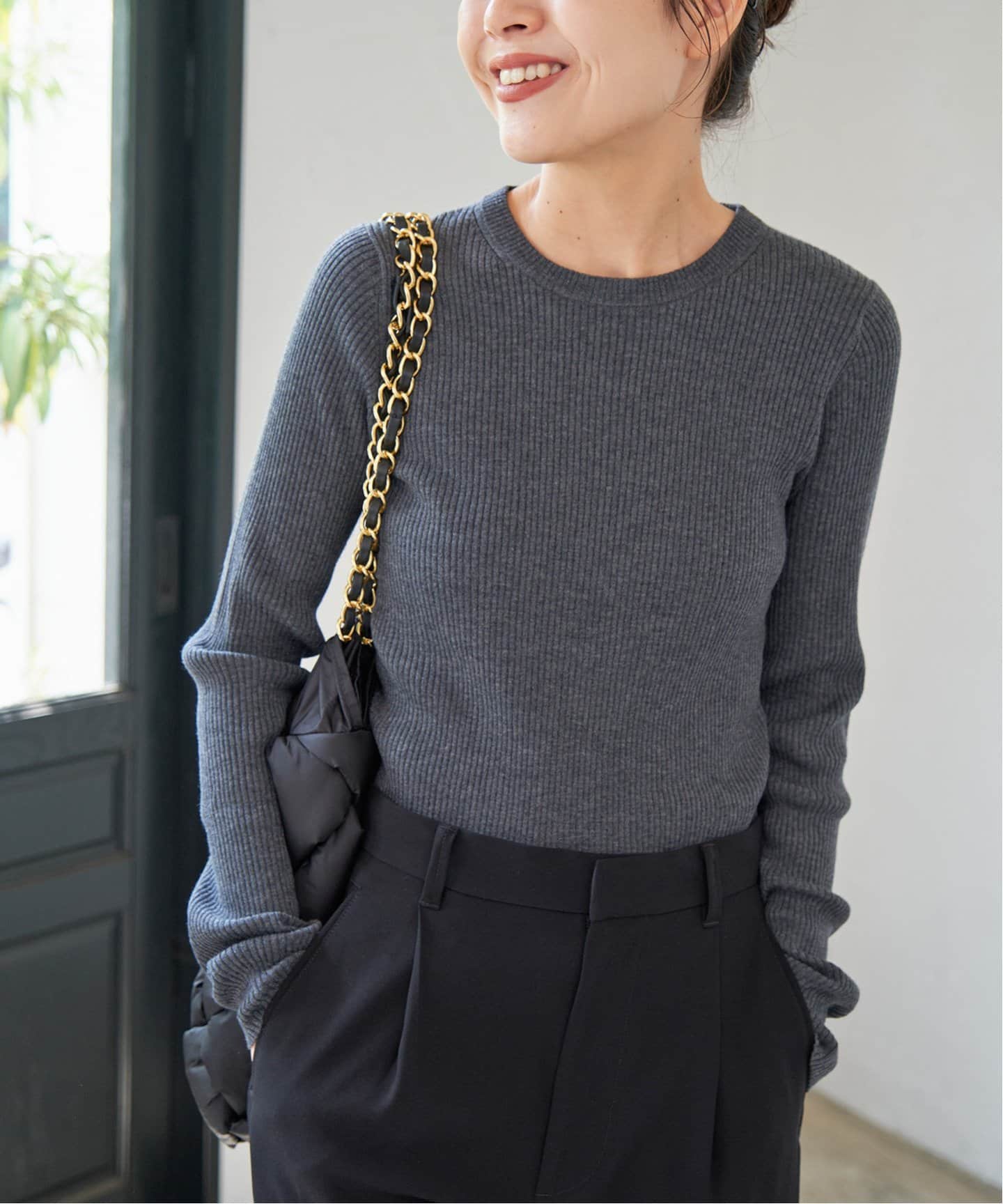 スピックアンドスパン　ウォッシャブル クルーネックリブニット WEB限定追加》ウォッシャブル クルーネックリブニット（ニット