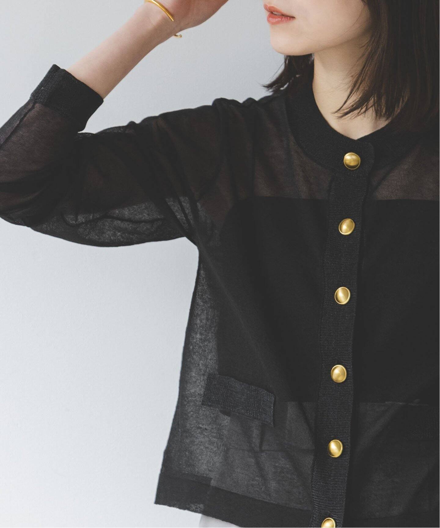 ラメトリミングシアークルーショートカーディガン（カーディガン  