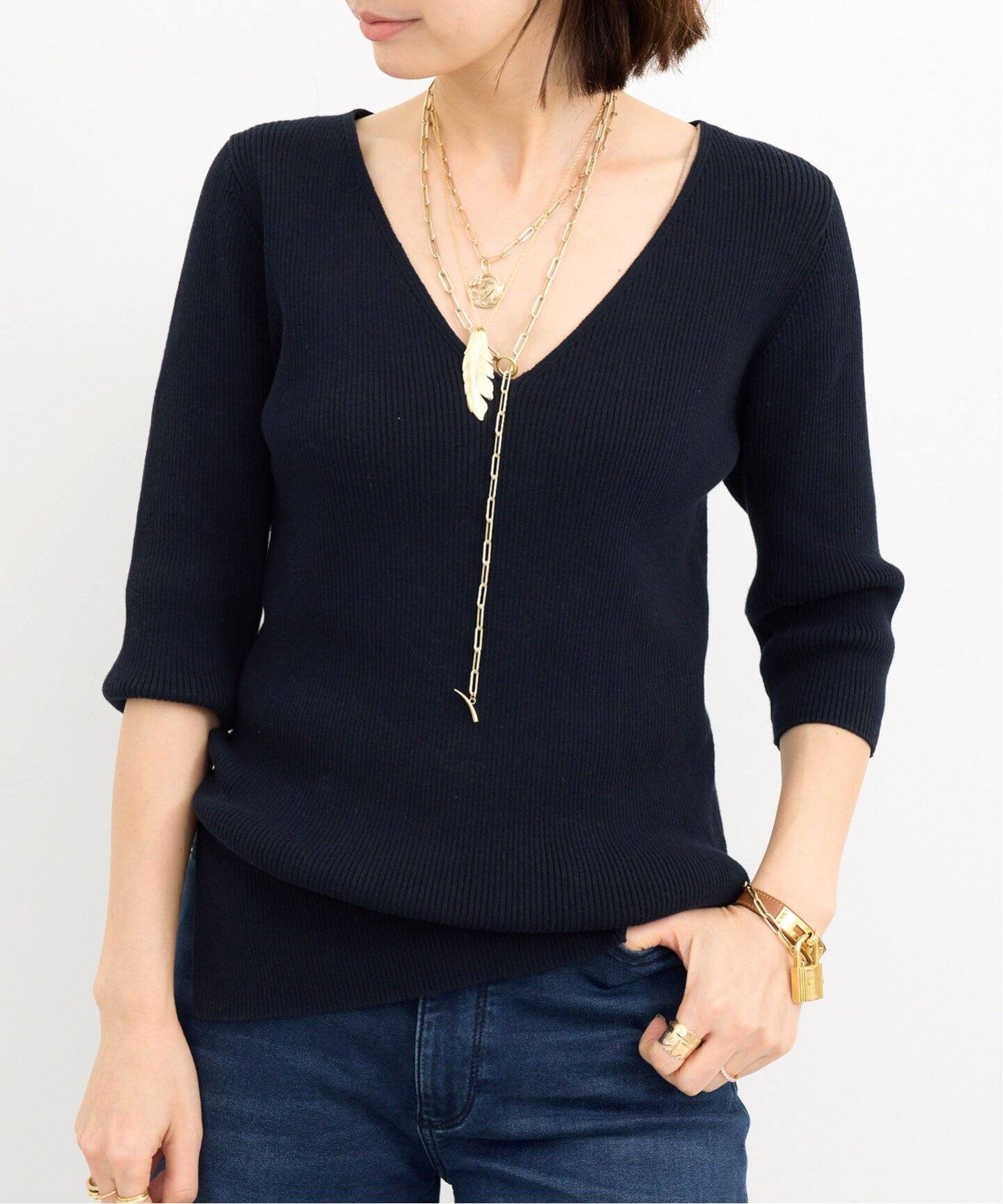 Rib V neck Knit（ニット／セーター）｜L 