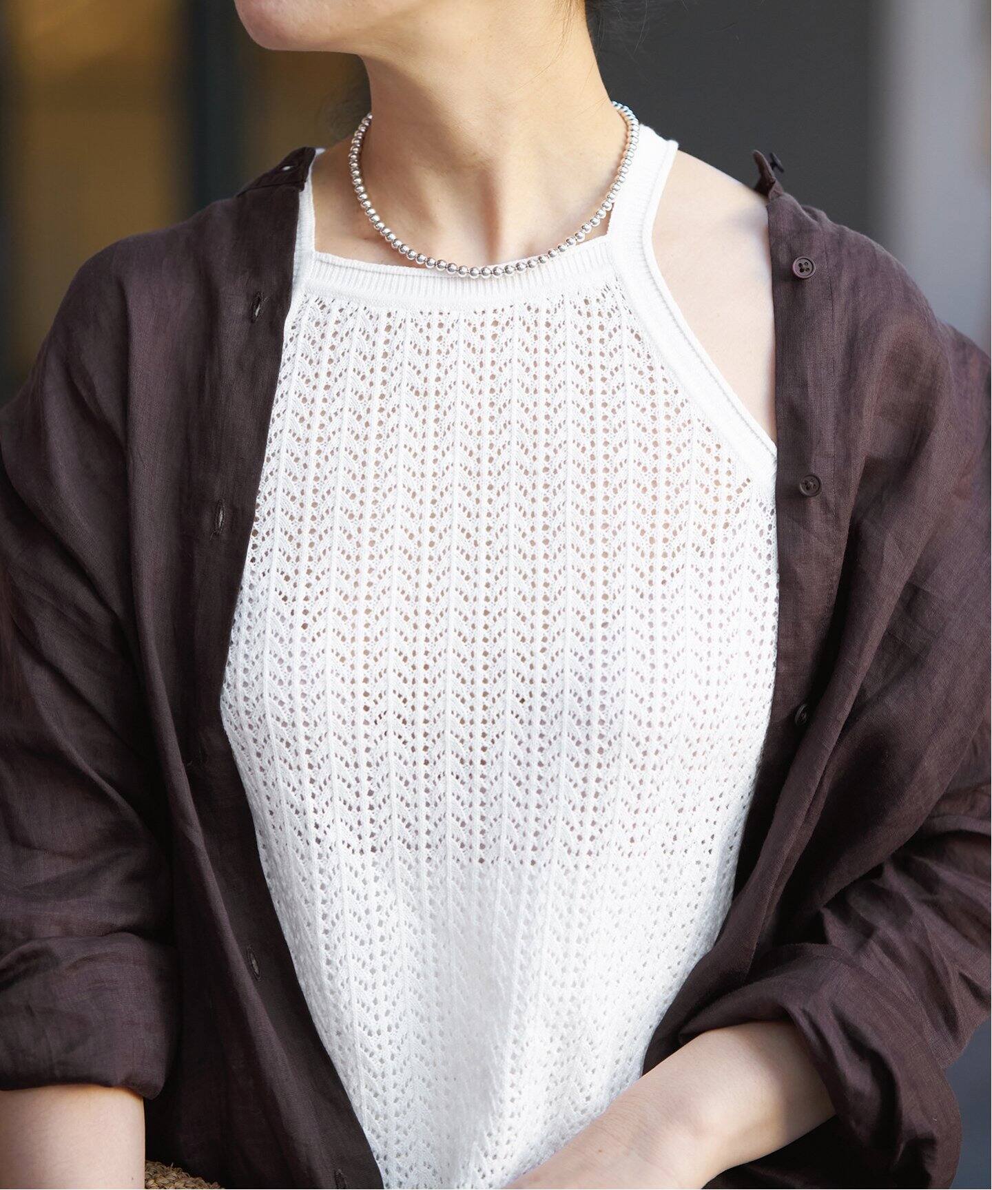 IENA LA BOUCLE リネンコットン透かし編みパフスリーブプルオーバー IENA LA BOUCLE リネンコットン透かし編みパフスリーブプル