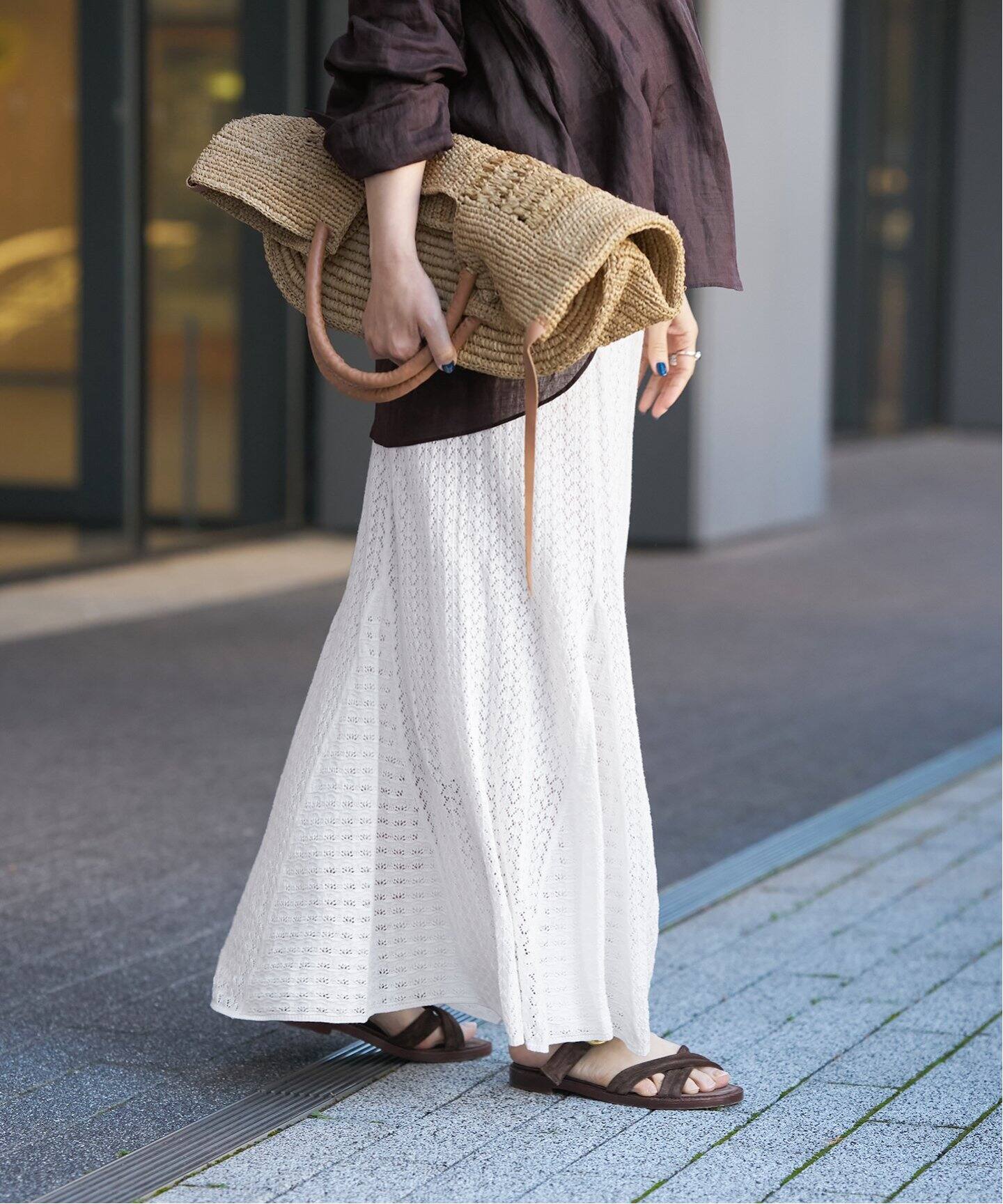 IENA LA BOUCLE リネンコットン透かし編みパネルスカート（ロング  