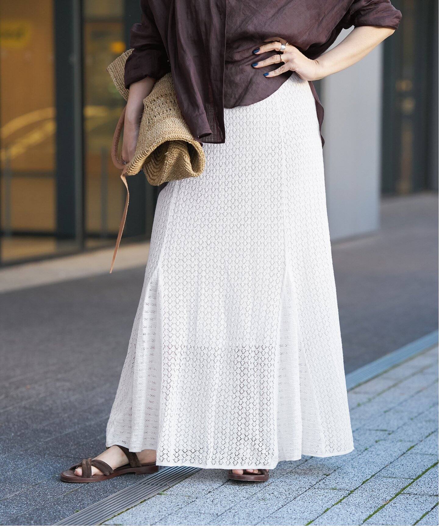 IENA LA BOUCLE リネンコットン透かし編みパネルスカート（ロング  