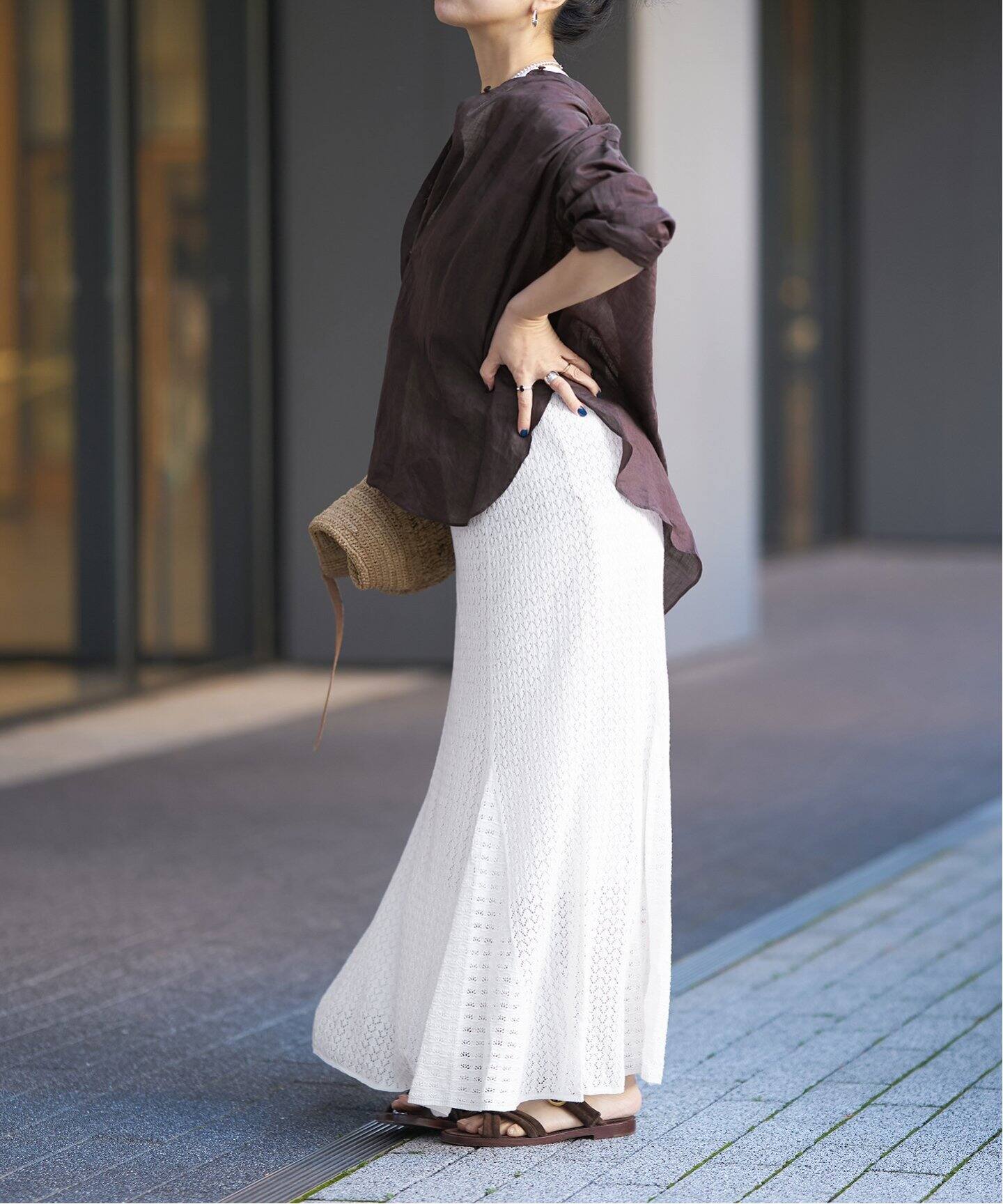 IENA LA BOUCLE リネンコットン透かし編みパネルスカート（ロング  