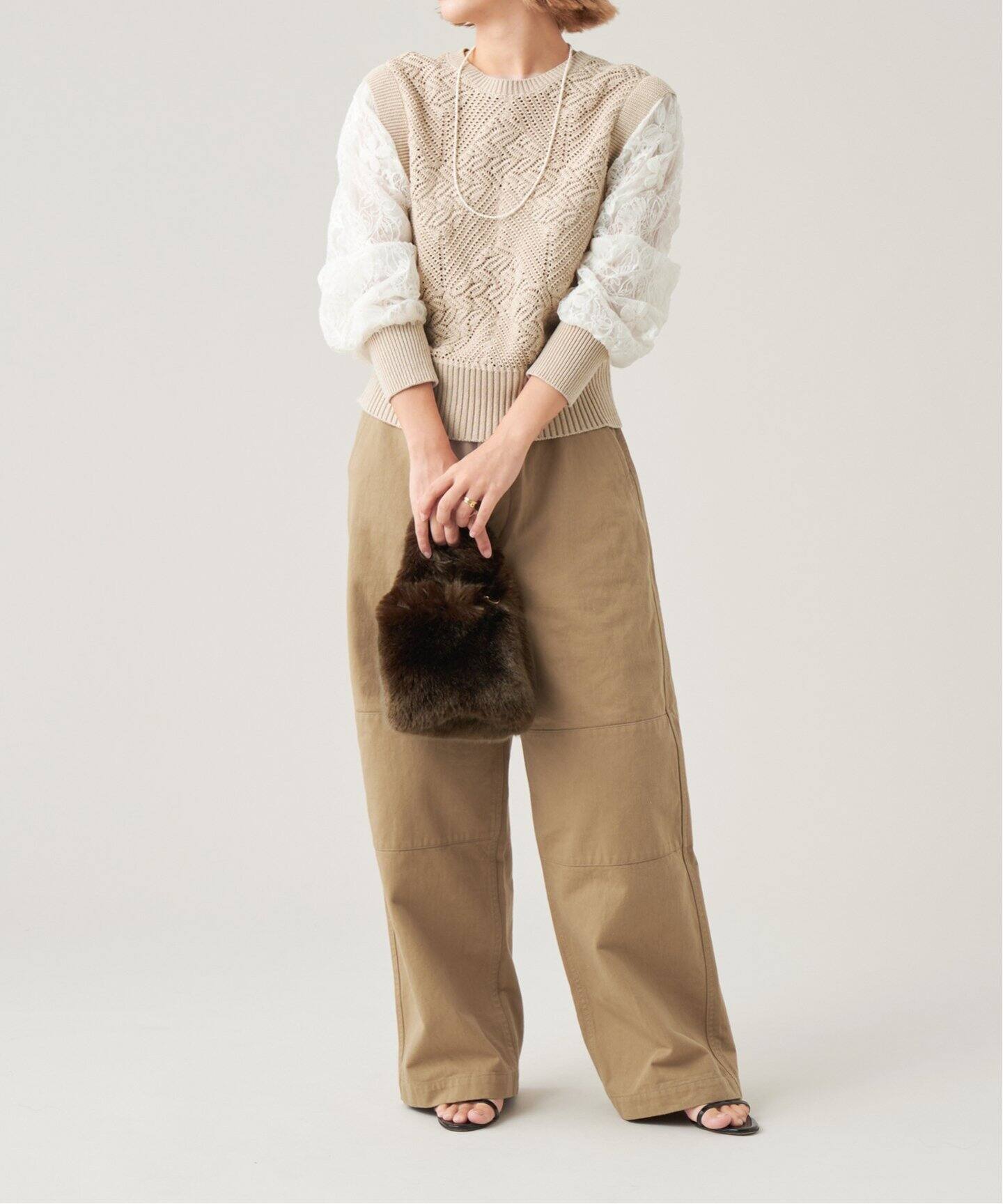 IENA LA BOUCLE レーススリーブクロシェプルオーバー（ニット 