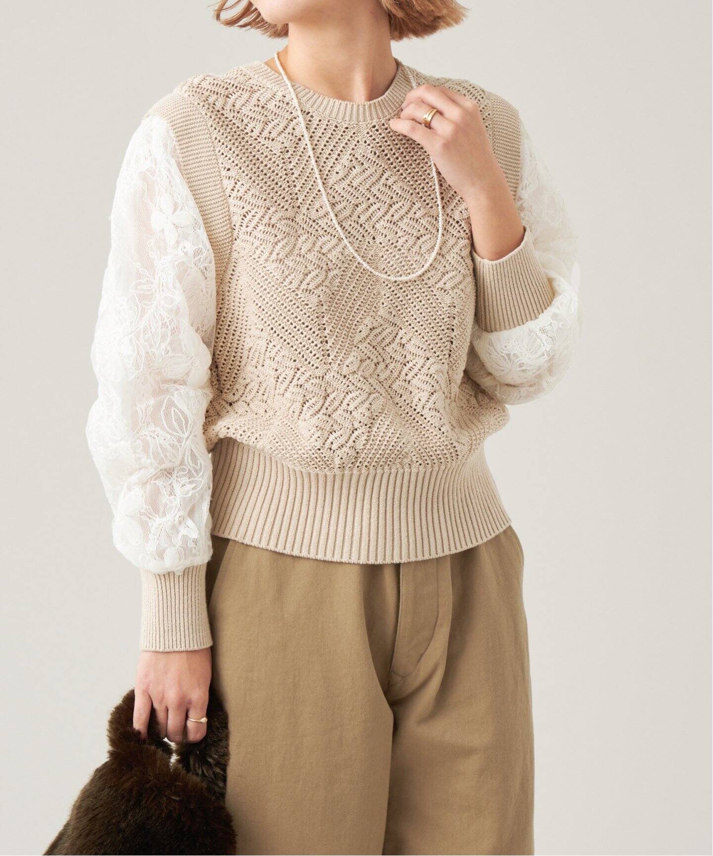 IENA LA BOUCLE レーススリーブクロシェプルオーバー（ニット 