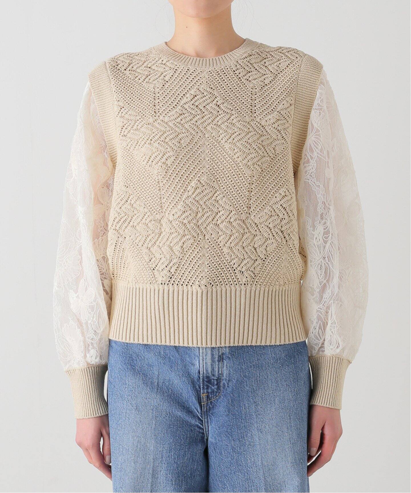 IENA LA BOUCLE レーススリーブクロシェプルオーバー（ニット 