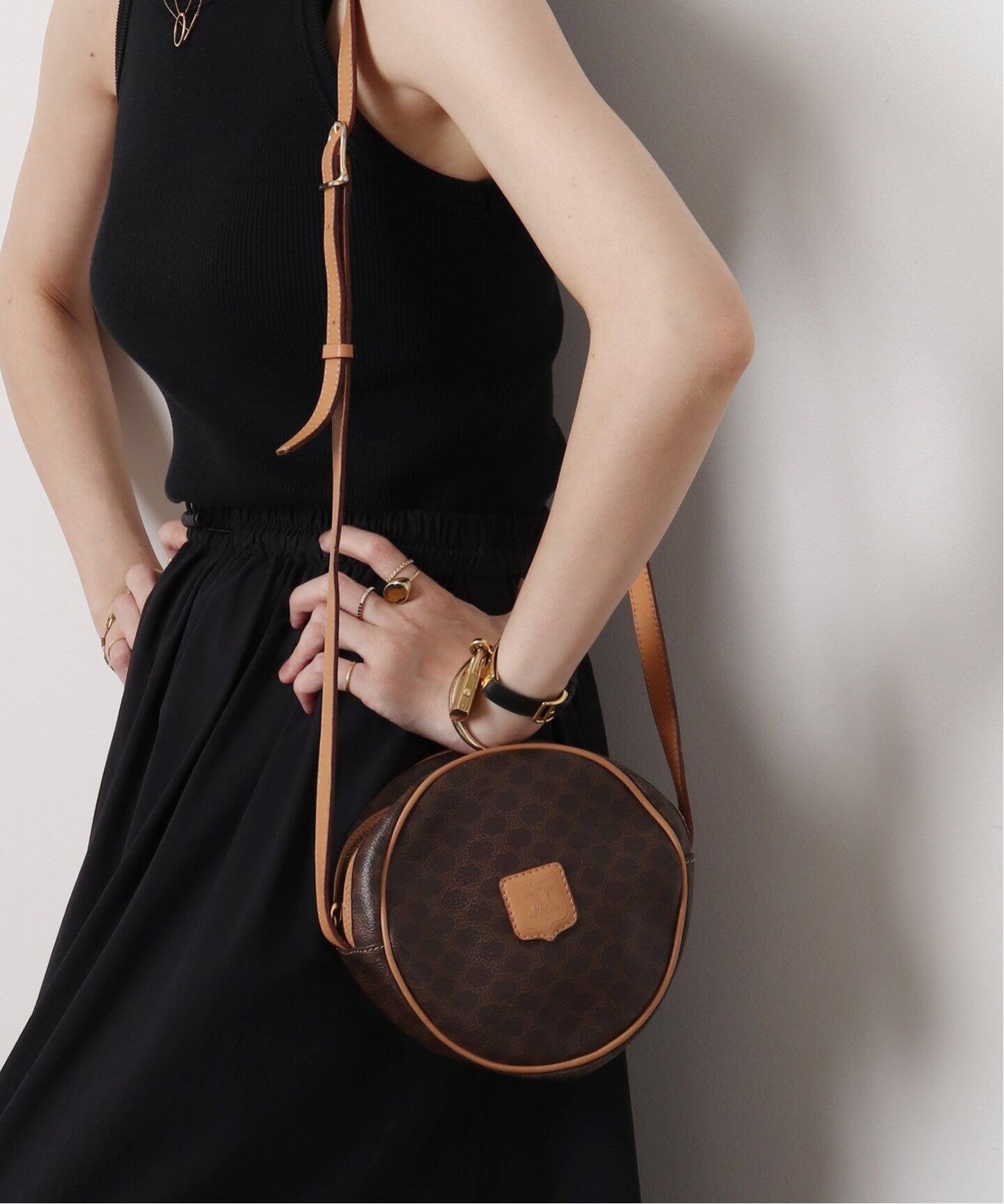 【美品】CELINE　ミニハンドバッグ マカダム柄 エナメル サークルハンドル VINTAGE CELINE/セリーヌ】macadam ミニサークルショルダー