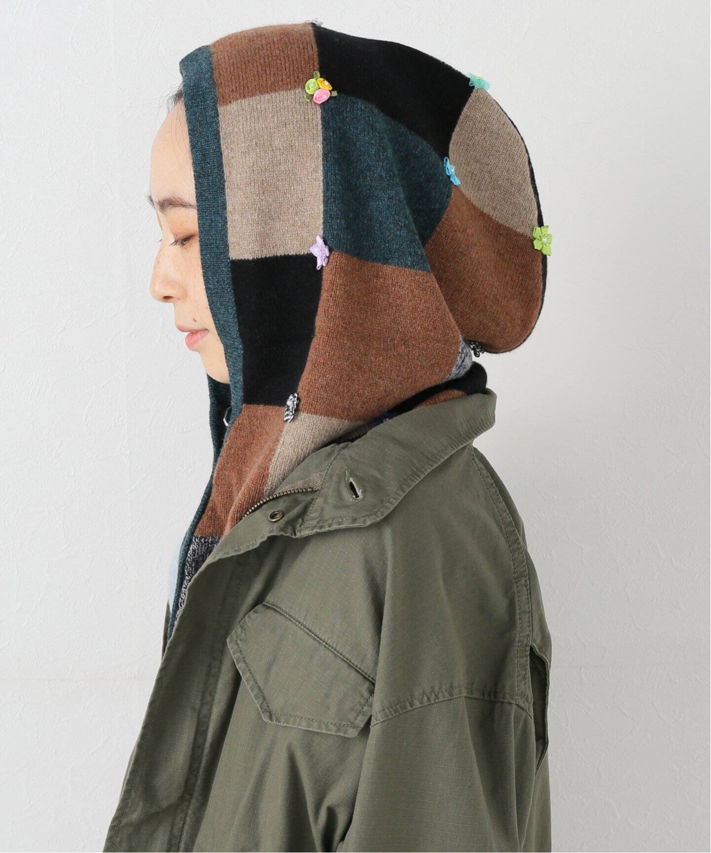 YANYAN/ヤンヤン】CHECKD RIBBON HOOD（ニットキャップ・ビーニー