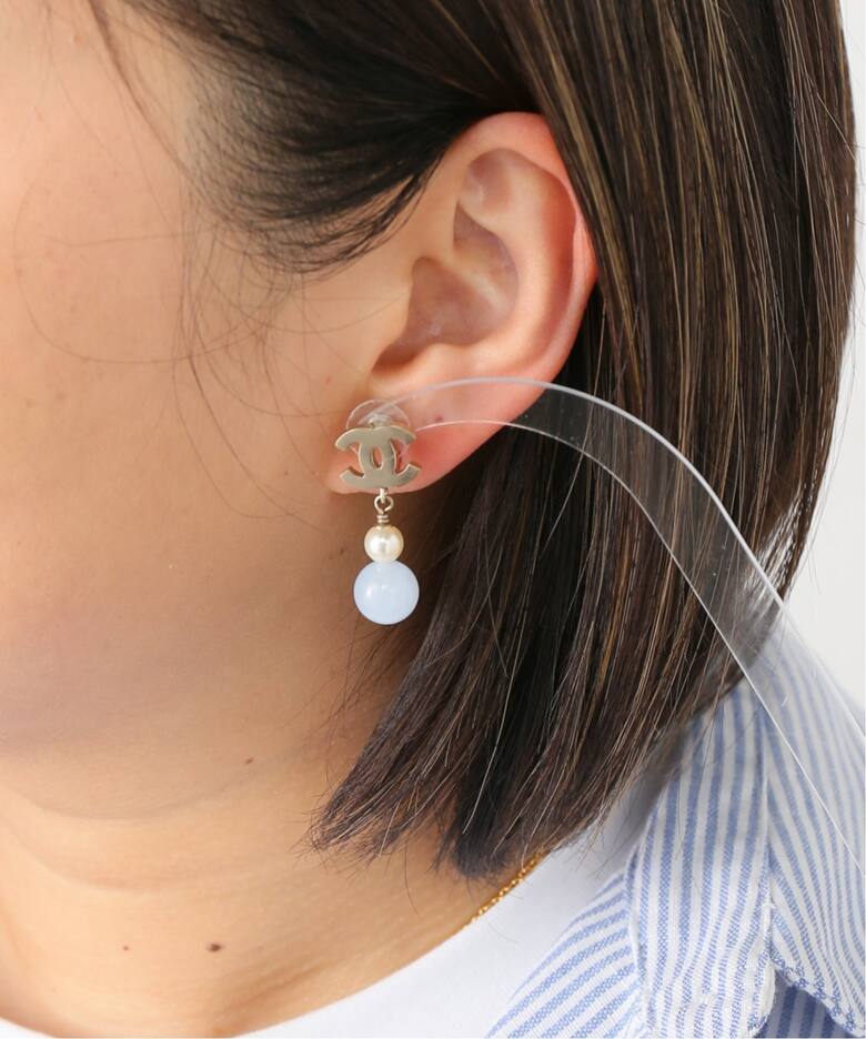 VINTAGE CHANEL/シャネル】pierce logo pearl blue stone(両耳