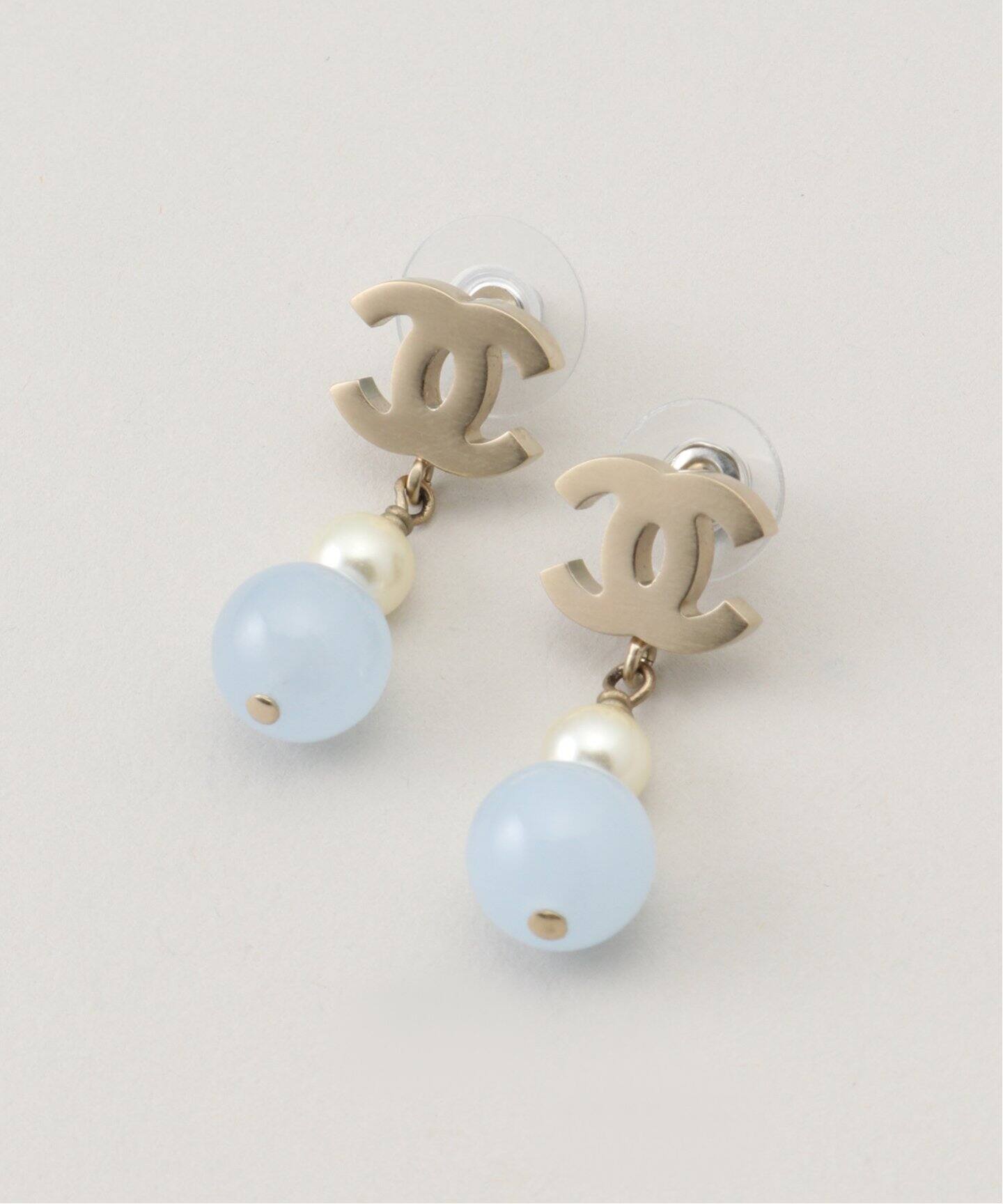 VINTAGE CHANEL/シャネル】pierce logo pearl blue stone(両耳 