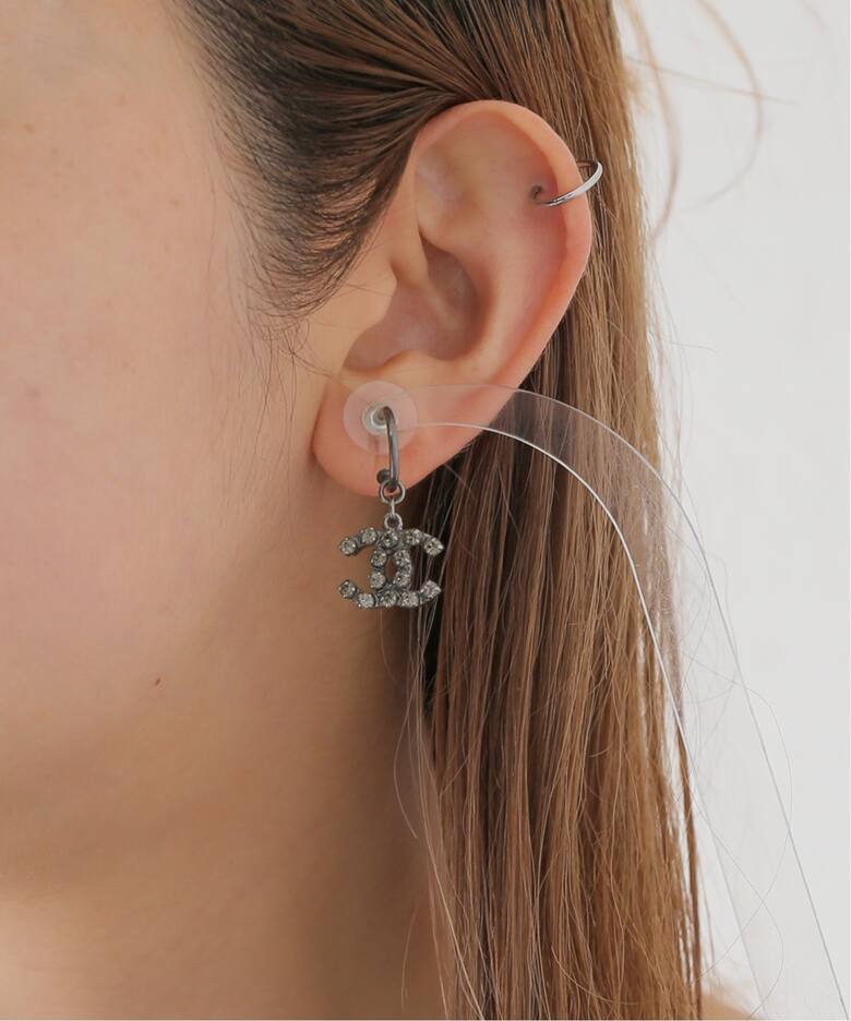 VINTAGE CHANEL/シャネル】pierce logo rs glitter hoop(両耳)（ピアス 