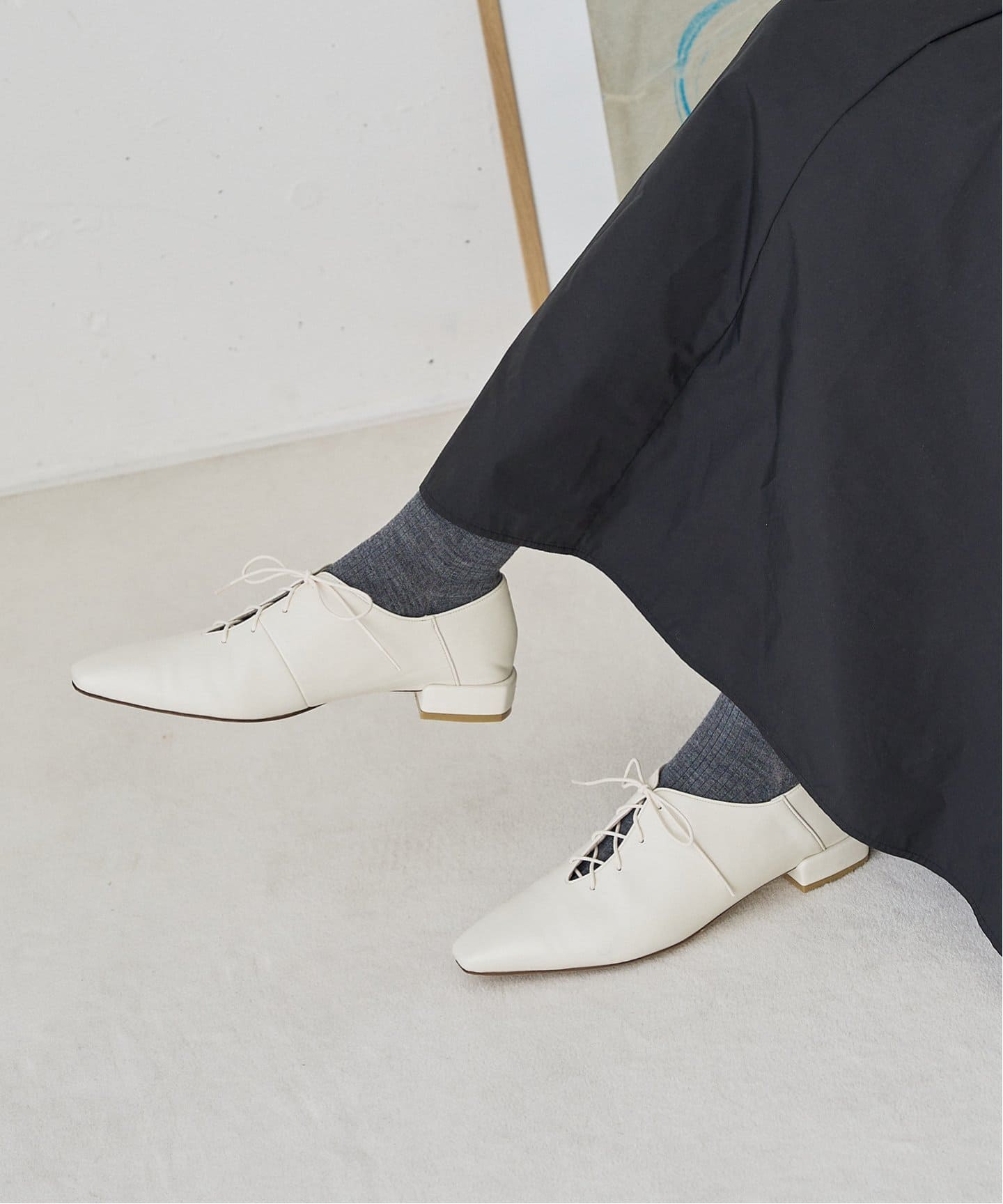 追加》フレンチスクエアレースアップフラット（フラットシューズ