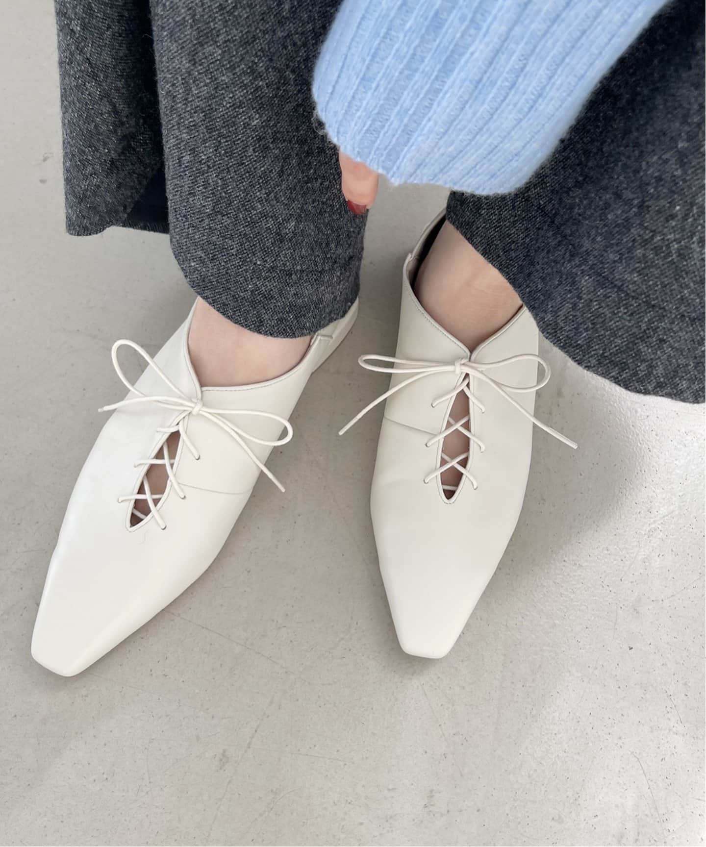 追加》フレンチスクエアレースアップフラット（フラットシューズ