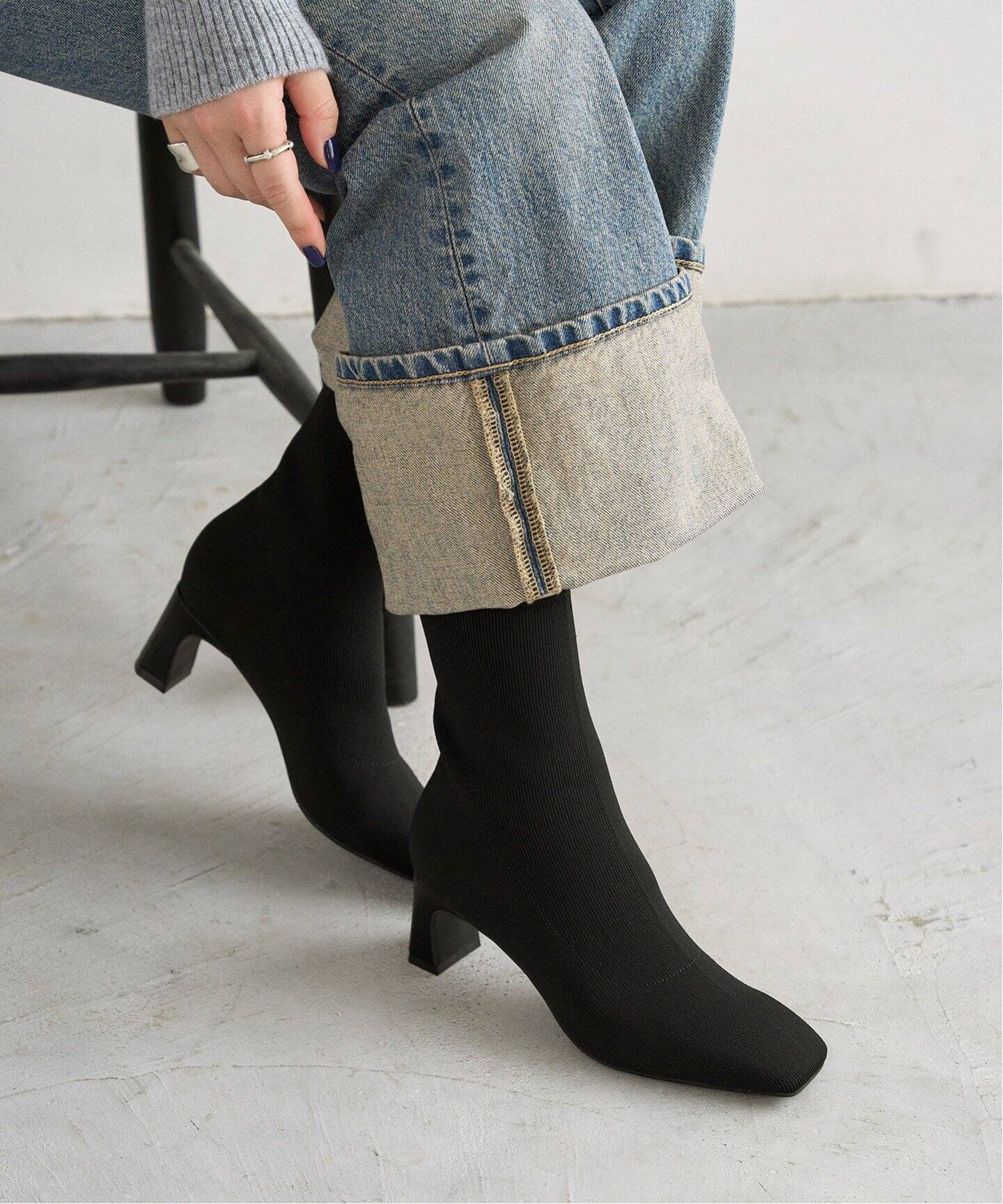 追加》5.5cmスクエアニットショートブーツ（ブーティ・ショートブーツ  