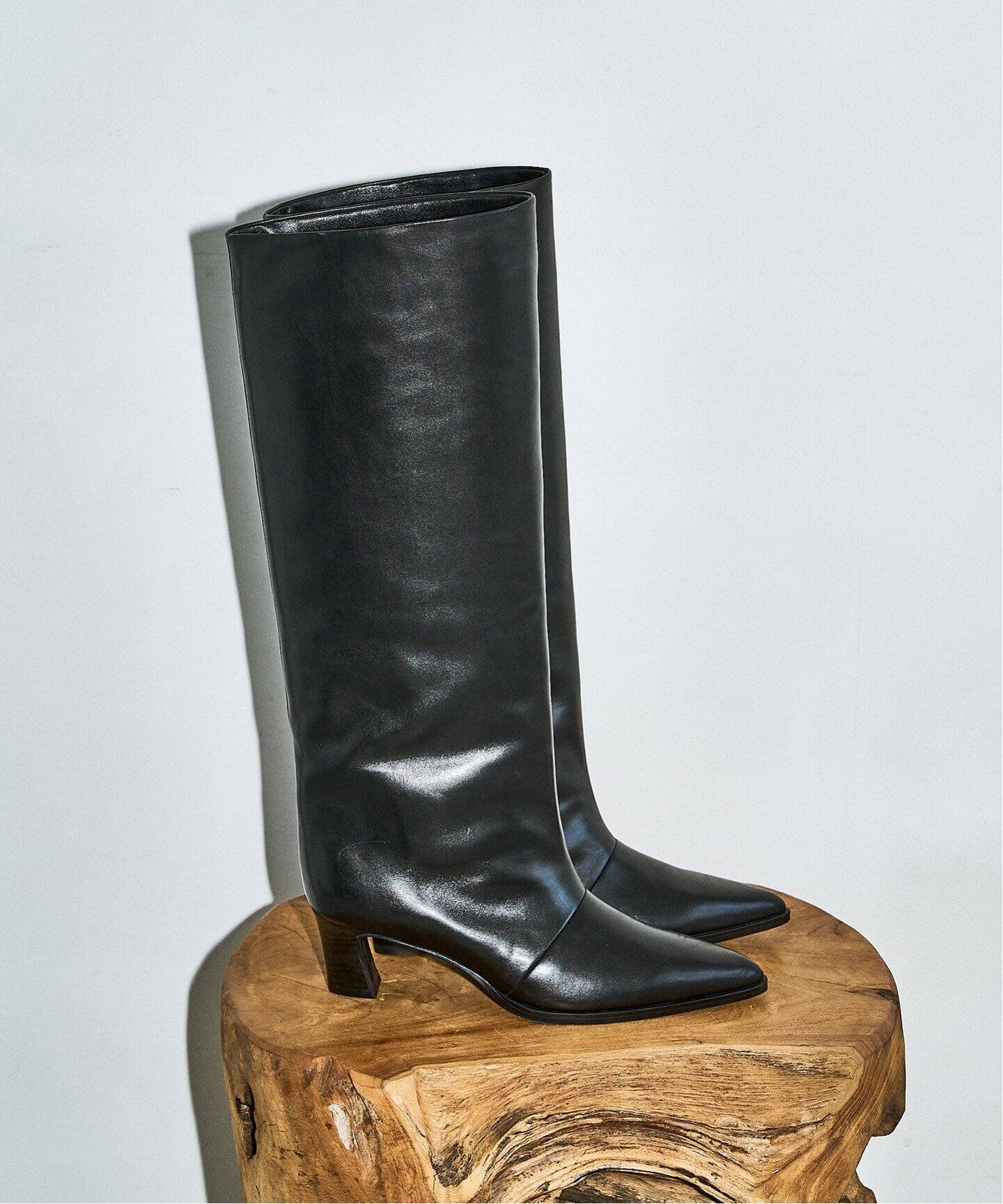 GRISE5.5cmレザーポインテッドワイドシャフトロングブーツ（ロング 