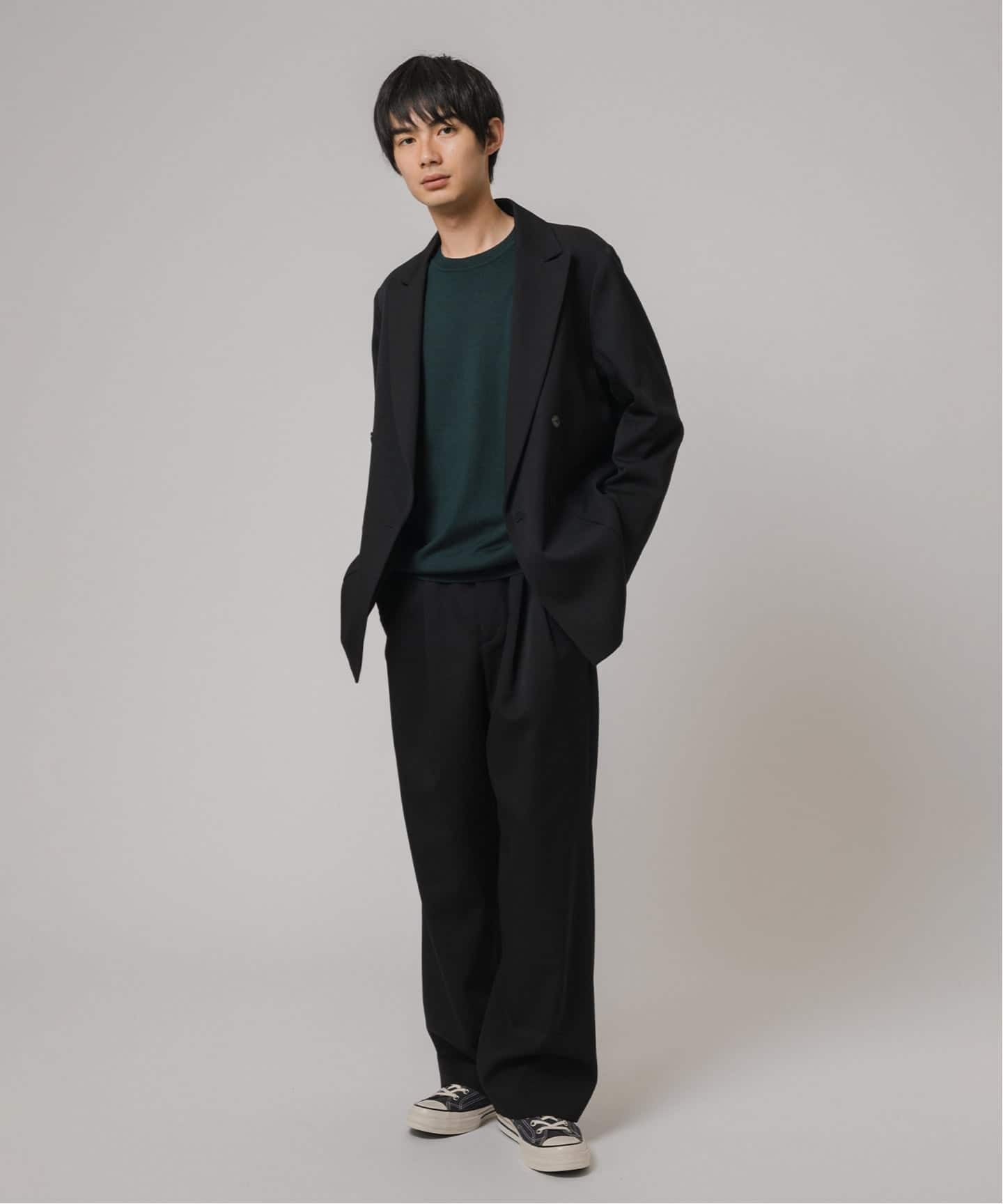 美品✨EDIFICE ダブル トラベル スーツ セットアップ 洗濯可 L 黒色 VISTO ギャバ ダブル ジャケット【セットアップ着用可