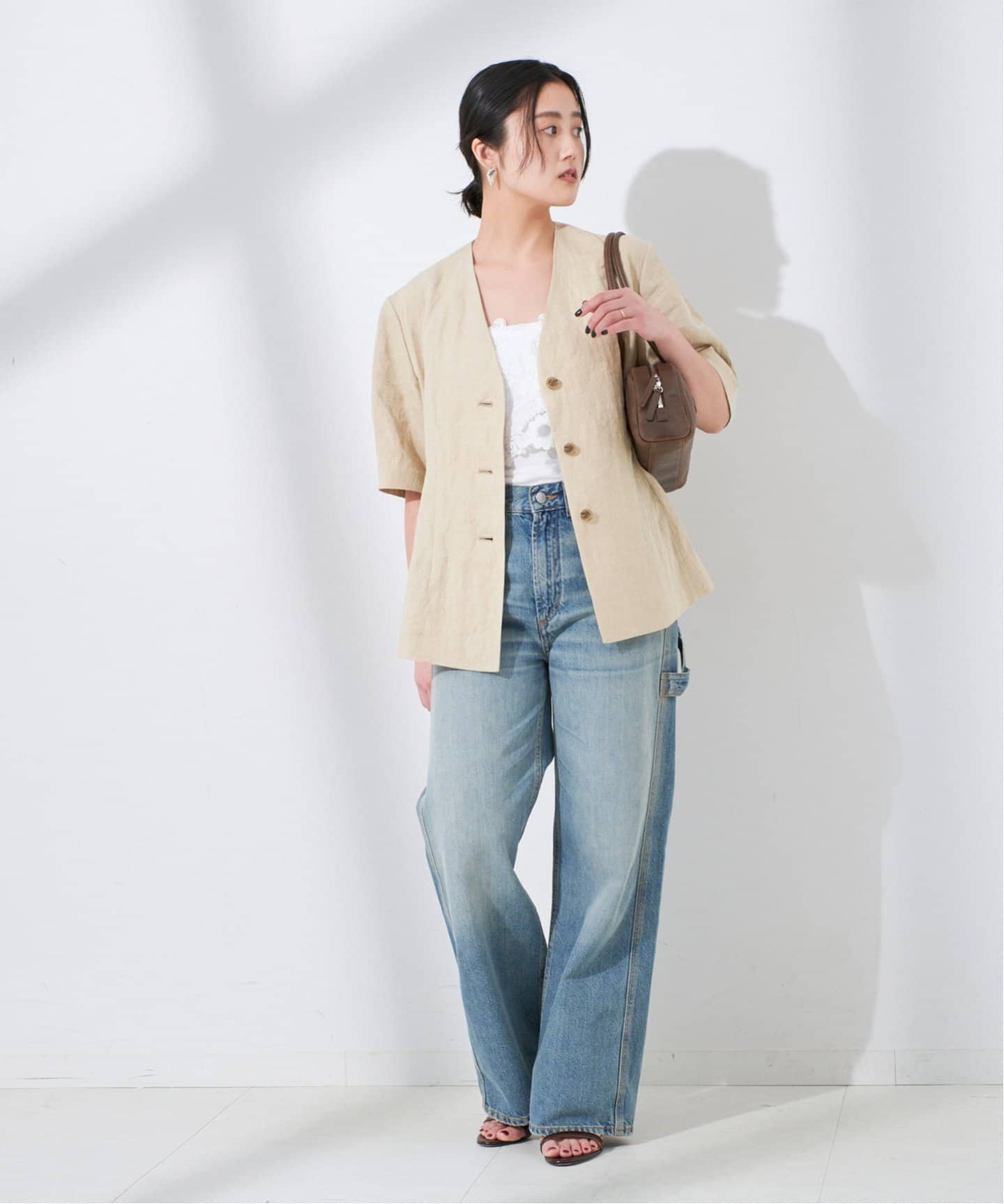 追加》リネンキャンバスフレアジャケット（ノーカラージャケット