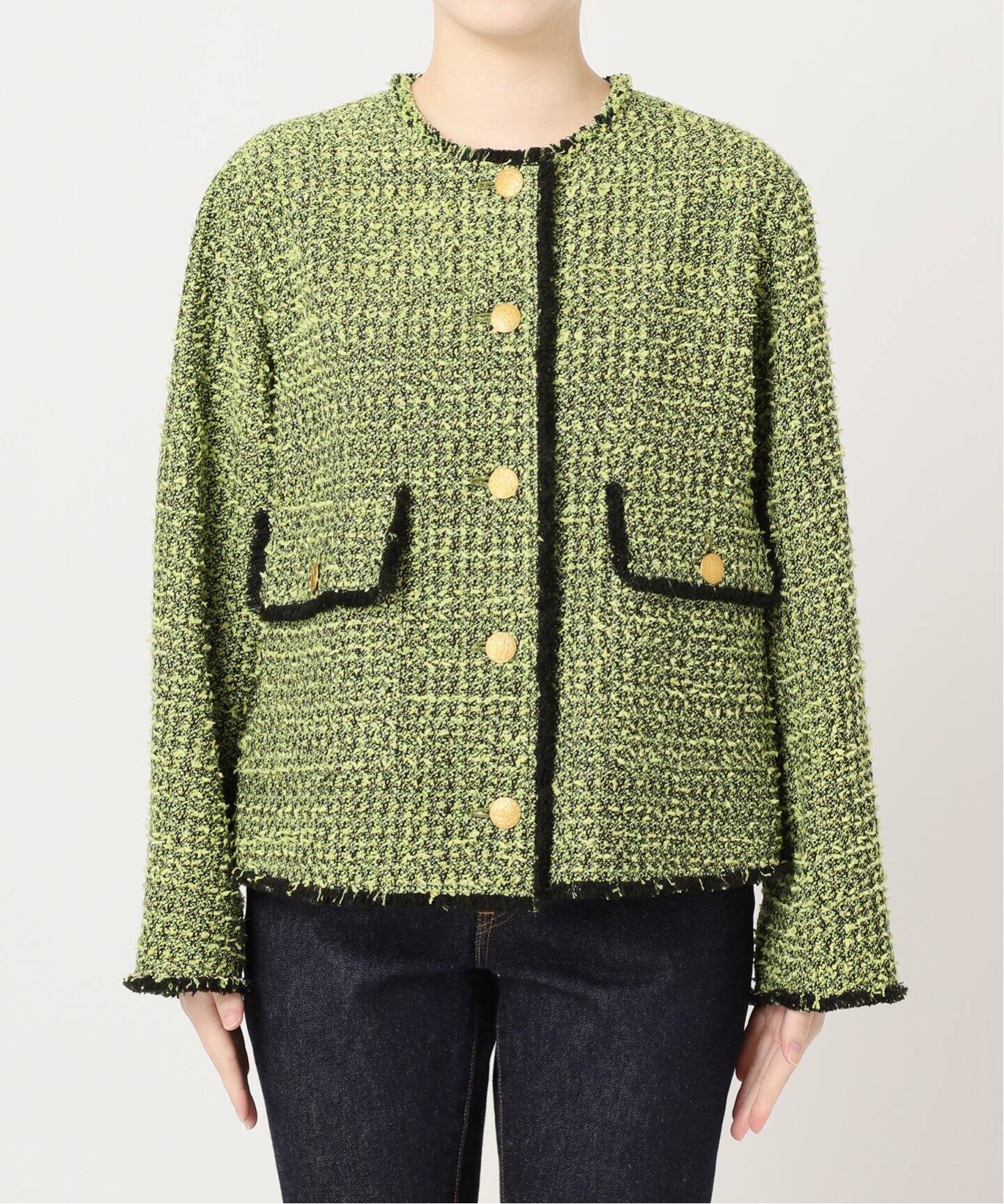ZARA 黄緑 XSサイズ 秋春 ツイード風ジャケット クリスタル
