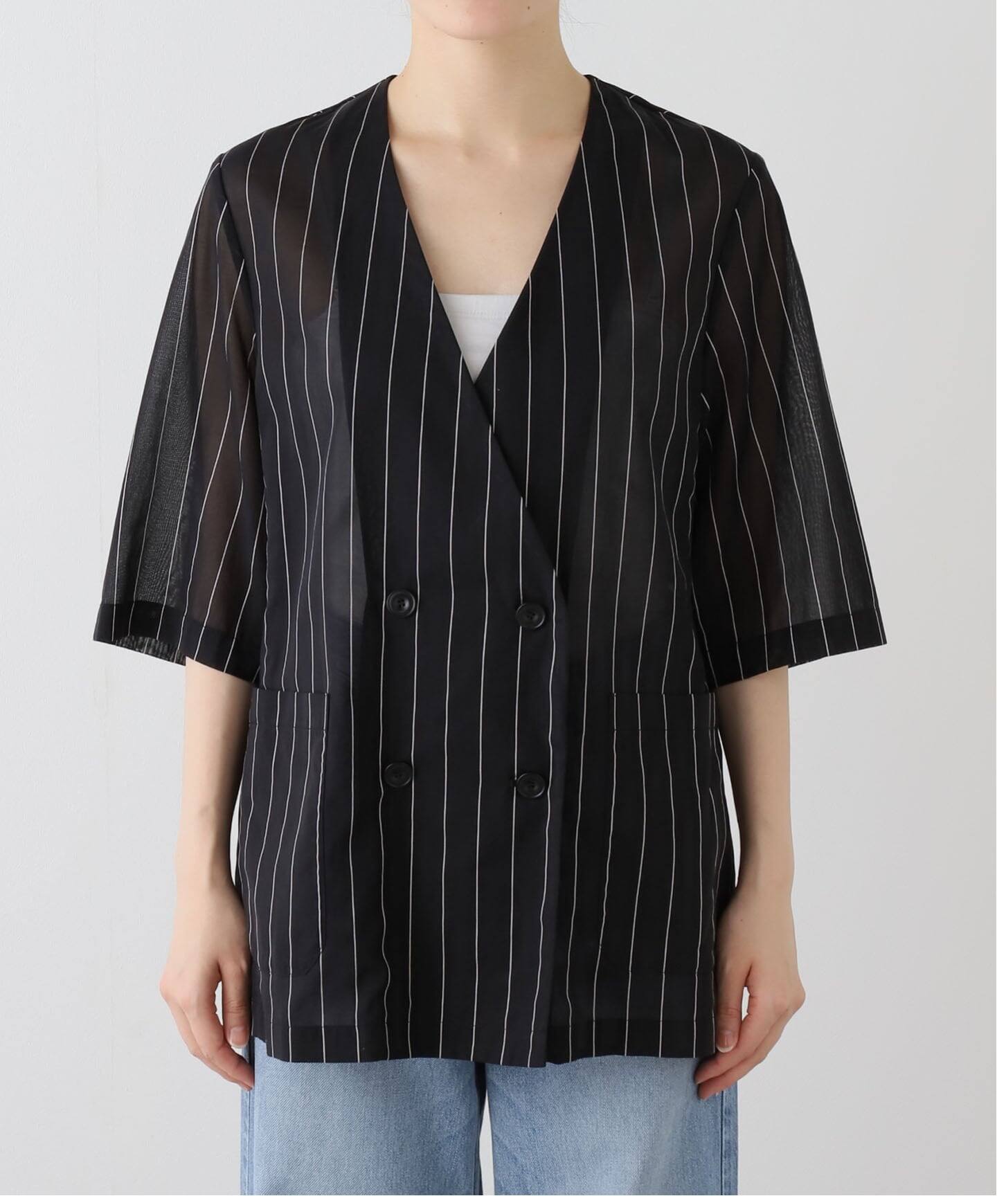 コットンボイルストライプH/Sジャケット（ノーカラージャケット