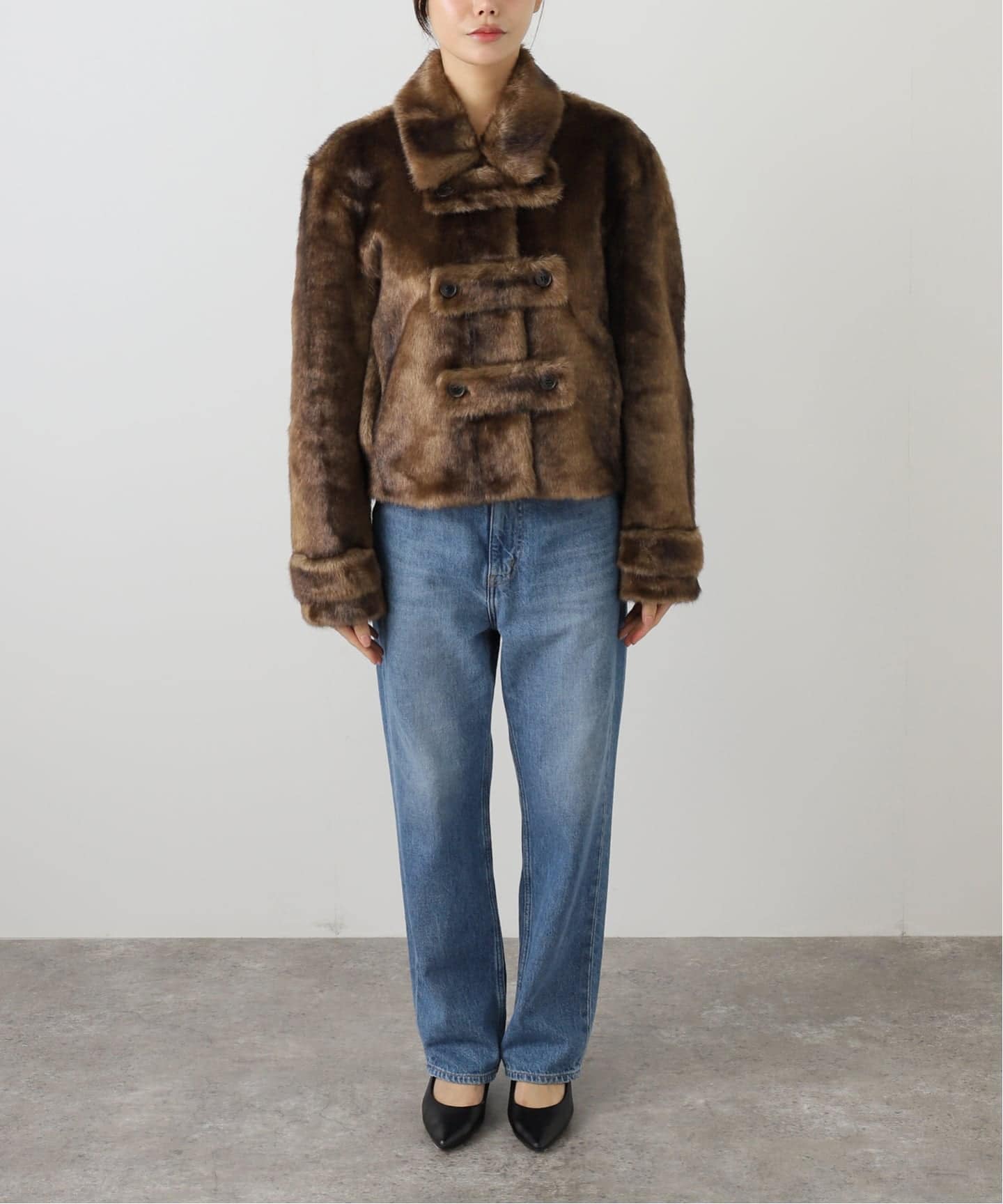 OPEN YY / オープンワイワイ】Woven FAUX FUR TAB TOGGLE JACKET
