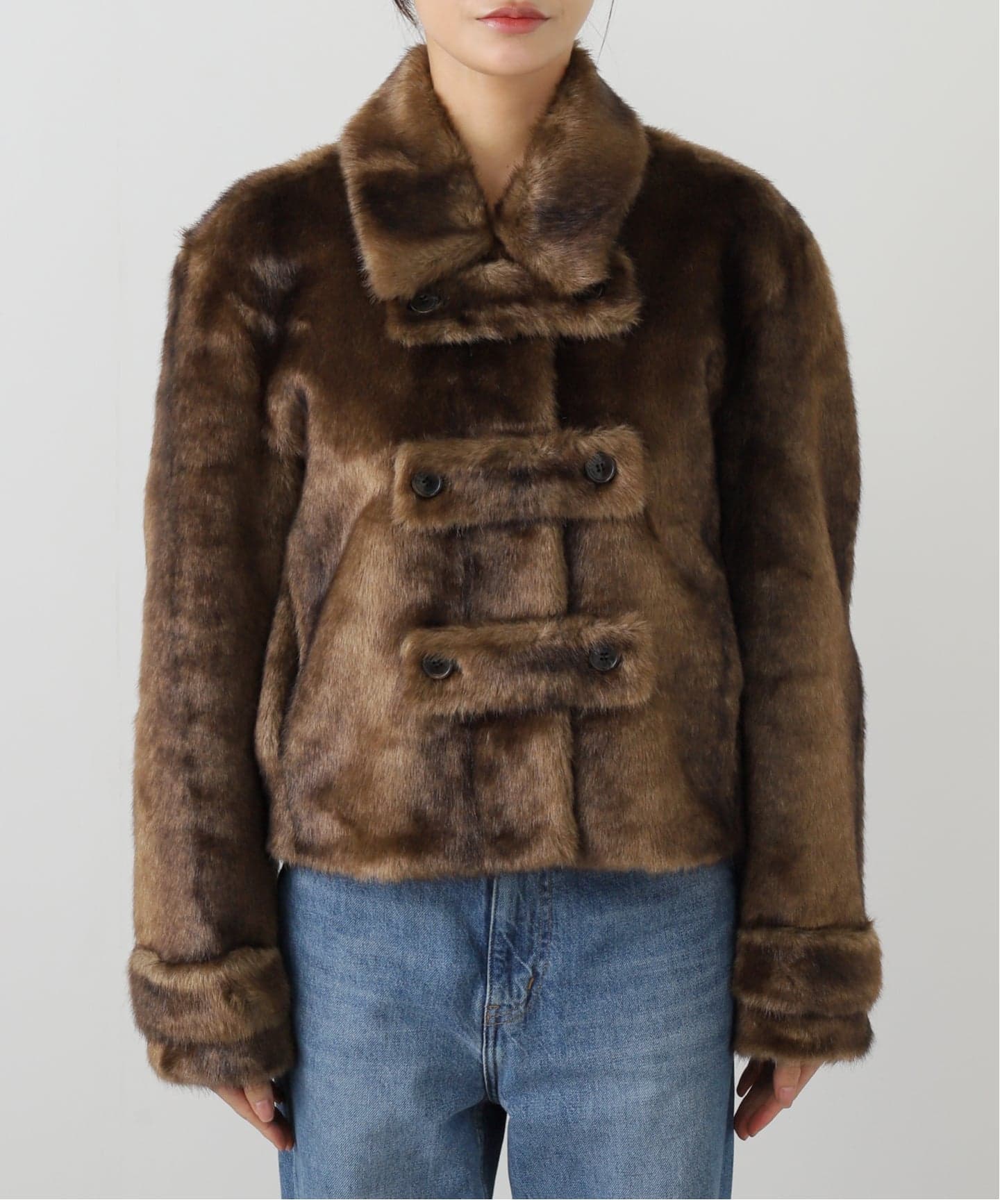 ジャケット・アウター openyy FAUX FUR TAB TOGGLE JACKET, BROWN OPEN YY / オープンワイワイ】Woven FAUX FUR TAB TOGGLE JACKET