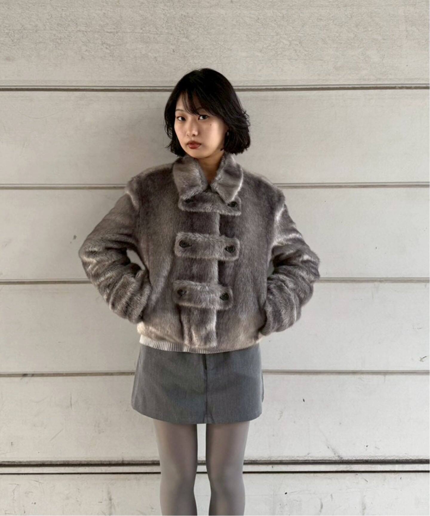 OPEN YY / オープンワイワイ】 Woven FAUX FUR TAB TOGGLE JACKET