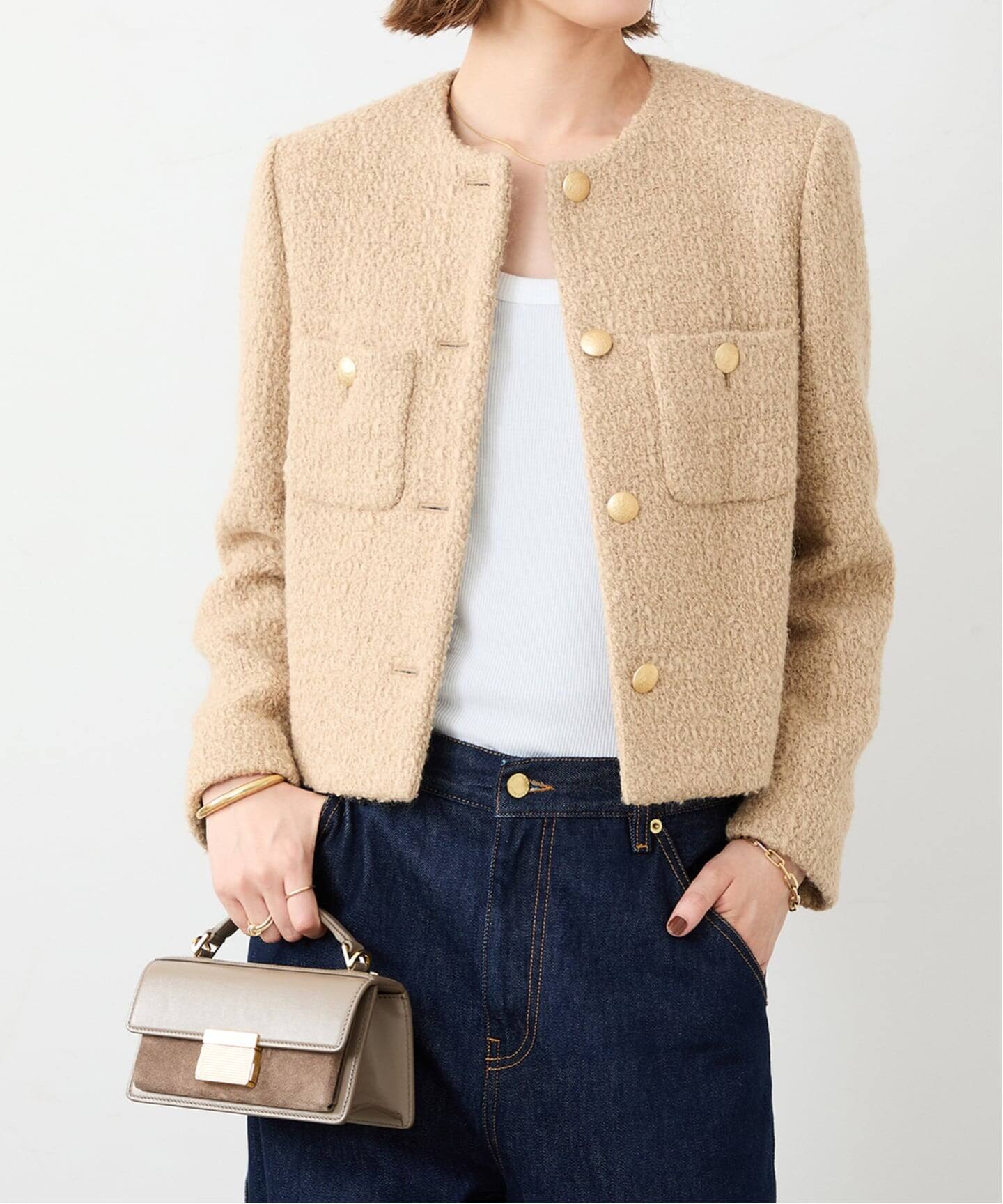 ミューズデドゥーズィエムクラス ノーカラージャケット　ツイード　金ボタンベージュ Tweed ブレザー 1（ノーカラージャケット）｜Deuxieme Classe