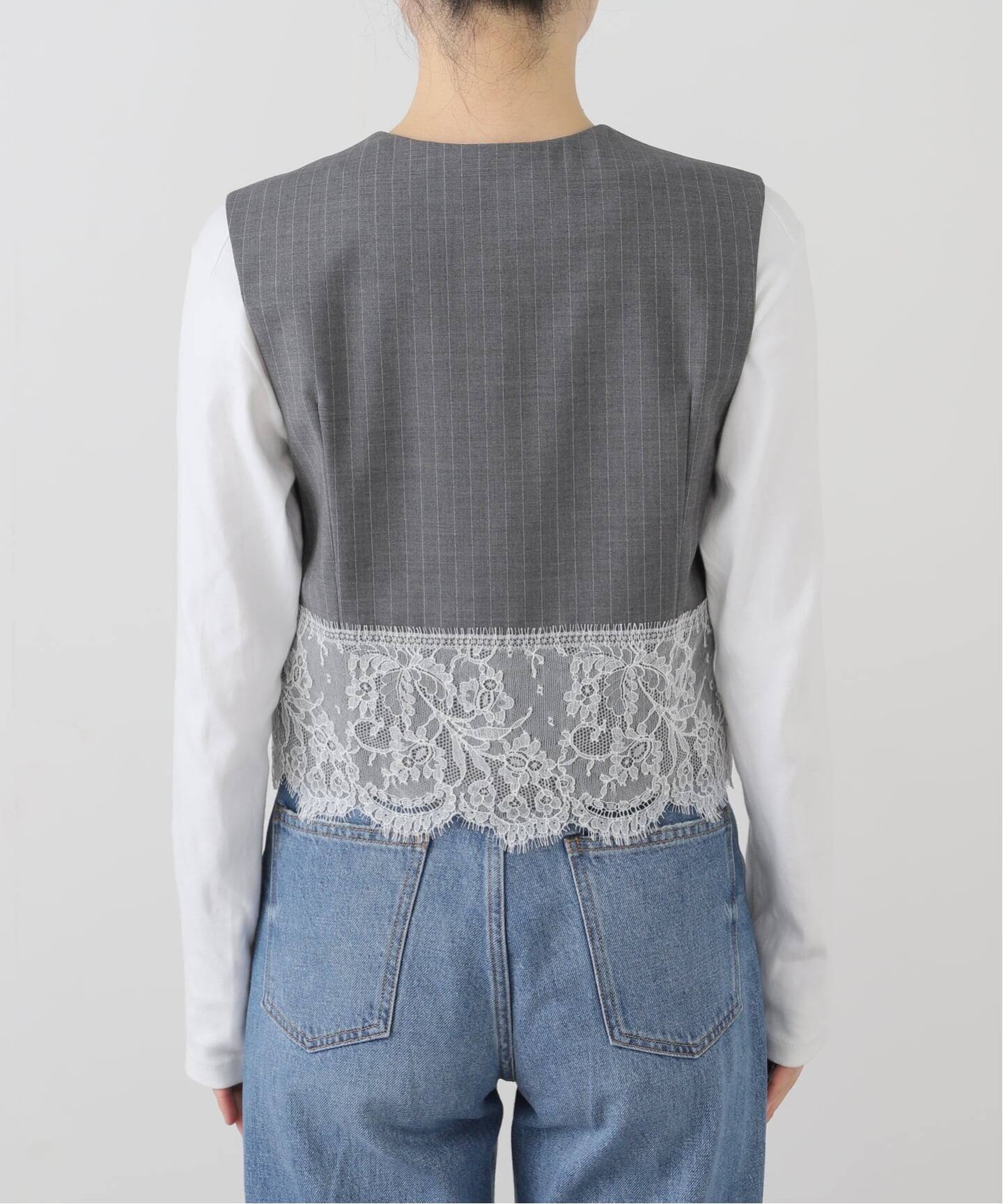イエナ　iena ヘムレースジレ　ストライプ　レース　ベスト　グレー ヘムレースジレ（ジレ）｜IENA（イエナ）の通販｜BAYCREW'S STORE