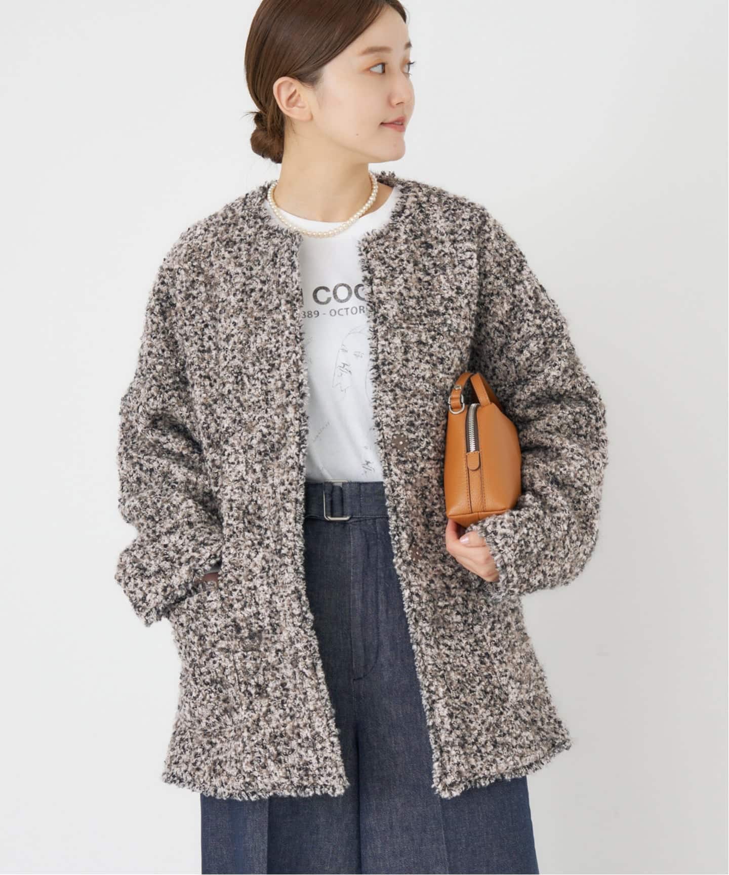 予約》ループヤーンノーカラージャケットコート（ノーカラー