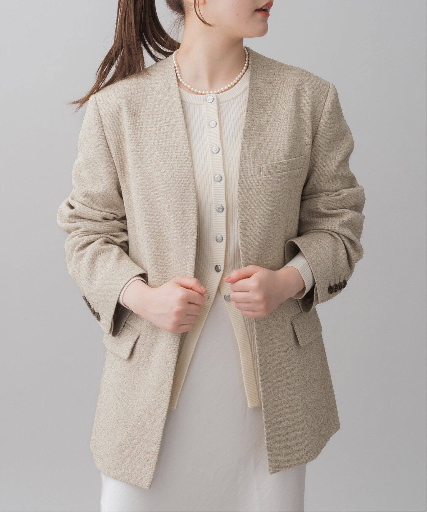 ＆NAVY ノーカラーツイードジャケット（ノーカラージャケット）｜IENA  