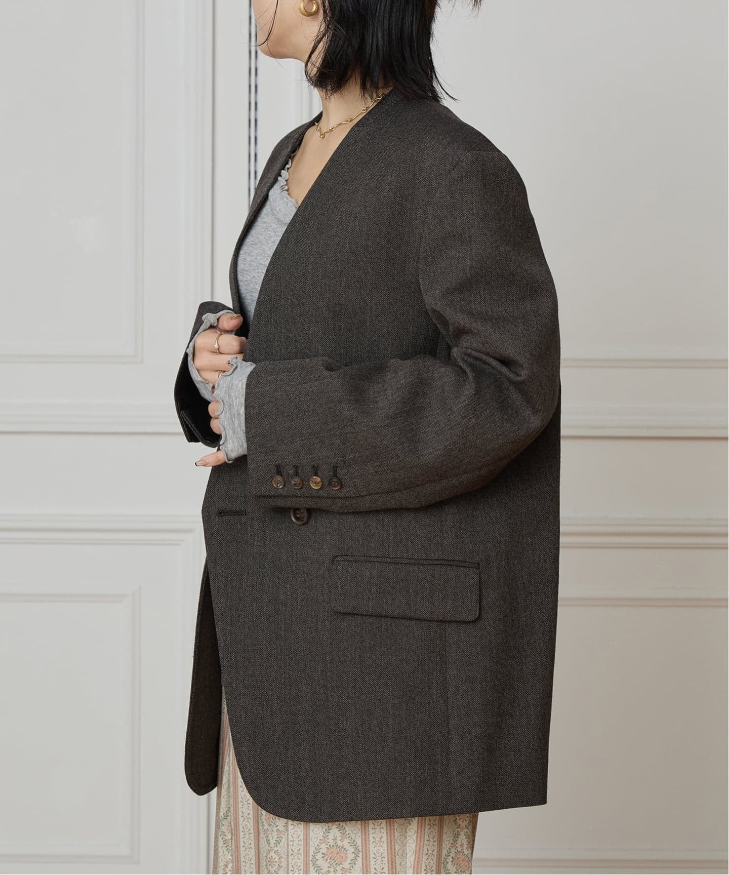 IENA イエナ Wool/Vi カラーレスジャケット IENA（イエナ）の「Wool/Vi カラーレスジャケット（ノーカラー