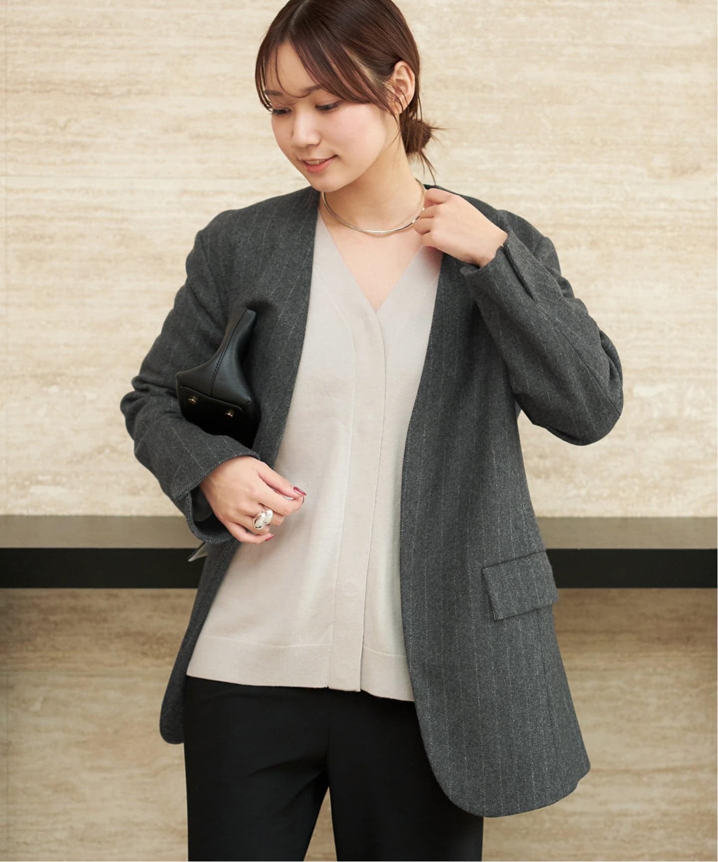 予約》R'IAM メルトンストライプ ジャケット（ノーカラージャケット