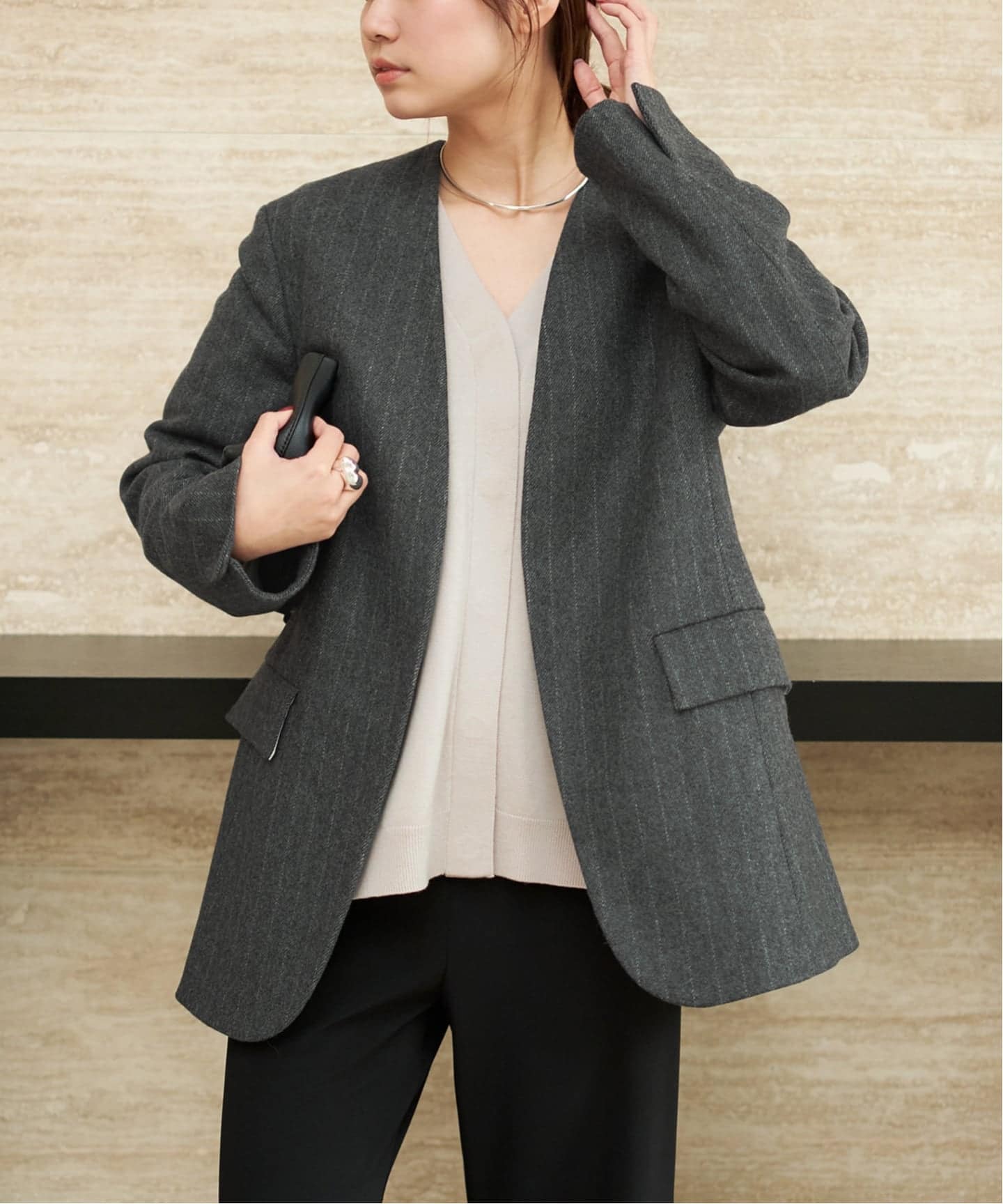 予約》R'IAM メルトンストライプ ジャケット（ノーカラー