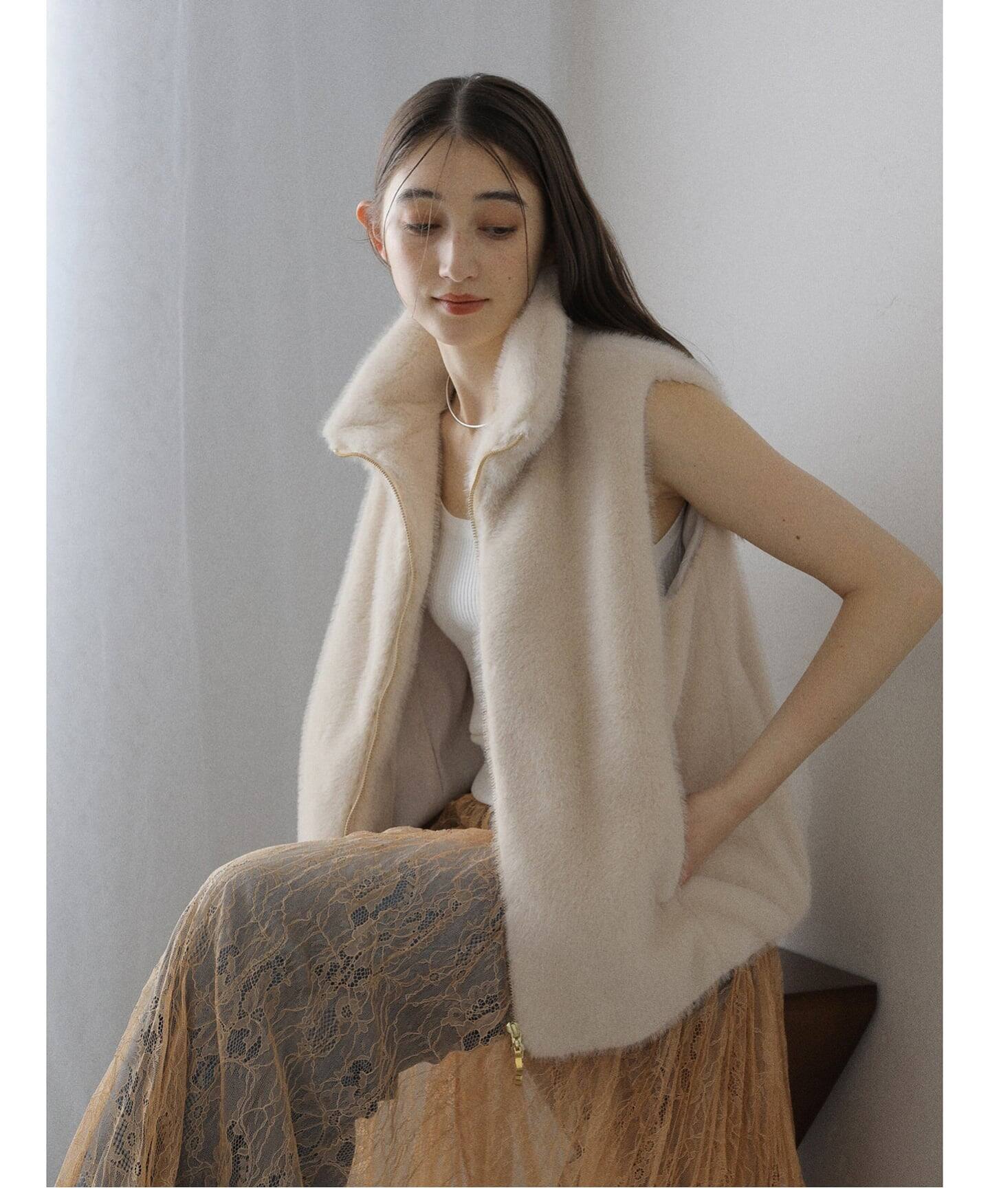 Drawer - ファーポケットウールジレ　cream beige 洗える】スタンドカラーファージレ（ジレ）｜La Totalite（ラ