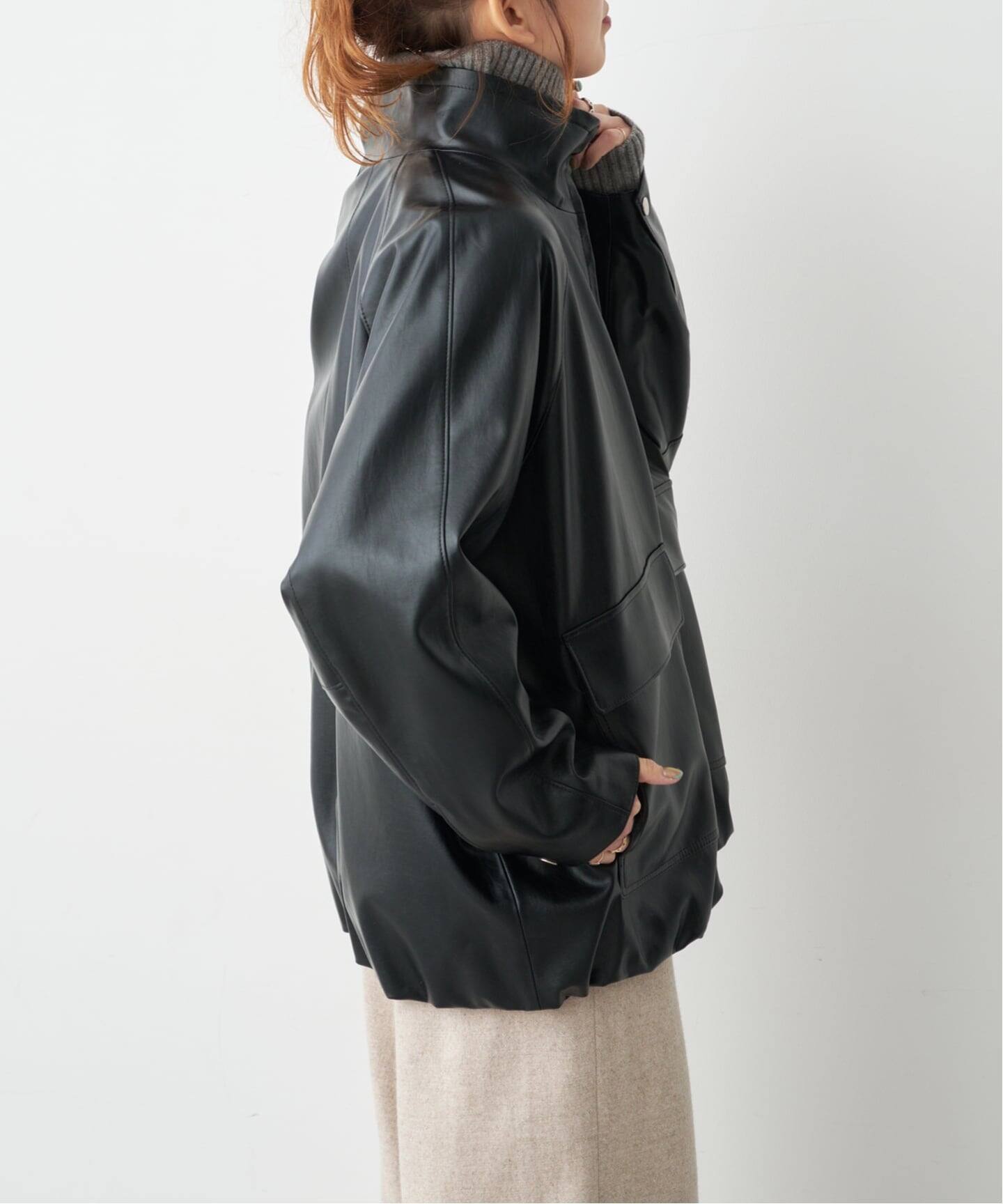 フェイクレザースタンドカラーブルゾン（レザージャケット）｜Spick