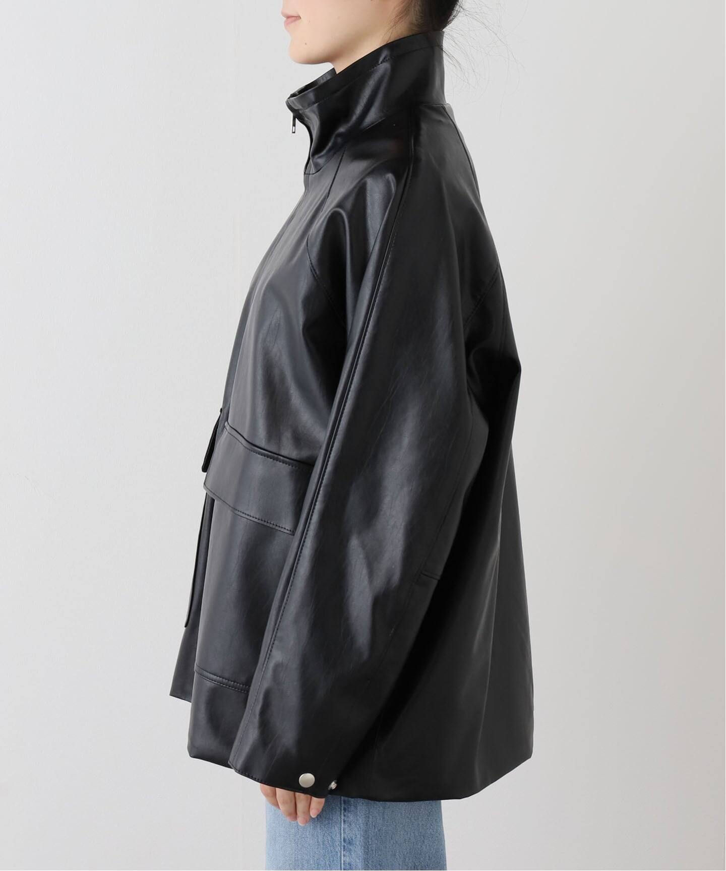 フェイクレザースタンドカラーブルゾン（レザージャケット）｜Spick