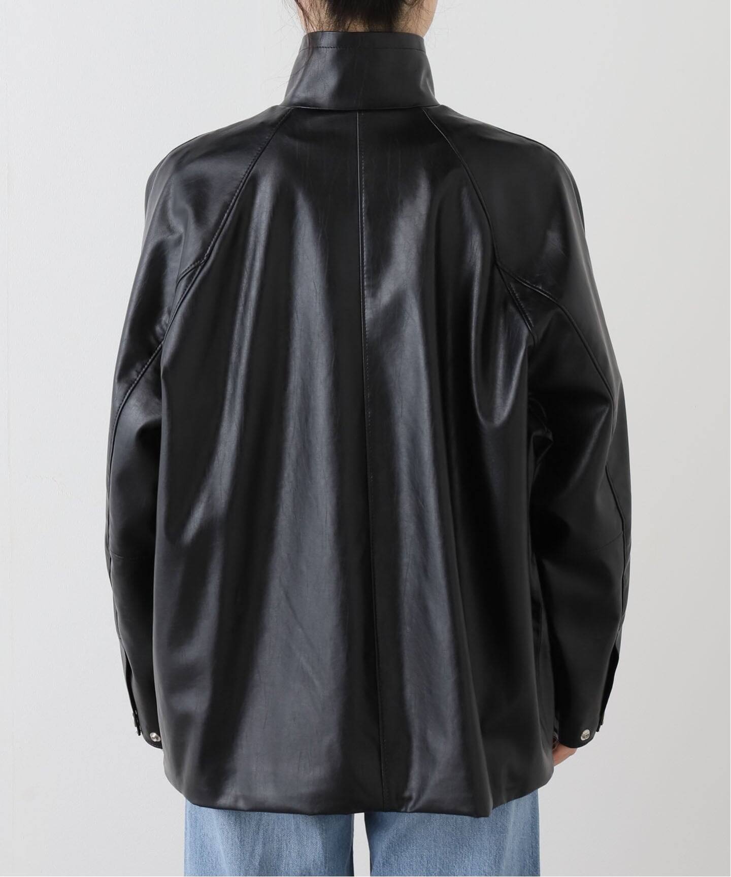 黒レザージャケット スタンドカラー フェイクレザースタンドカラーブルゾン（レザージャケット）｜Spick