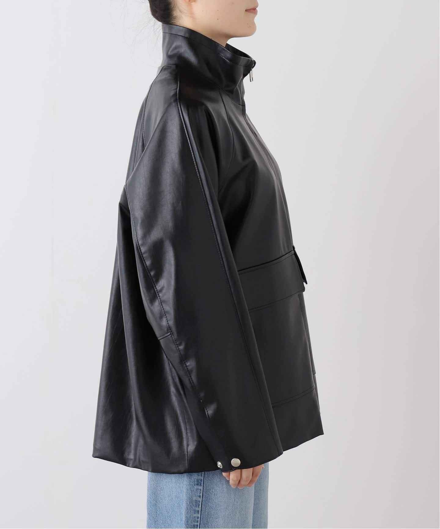 フェイクレザースタンドカラーブルゾン（レザージャケット）｜Spick