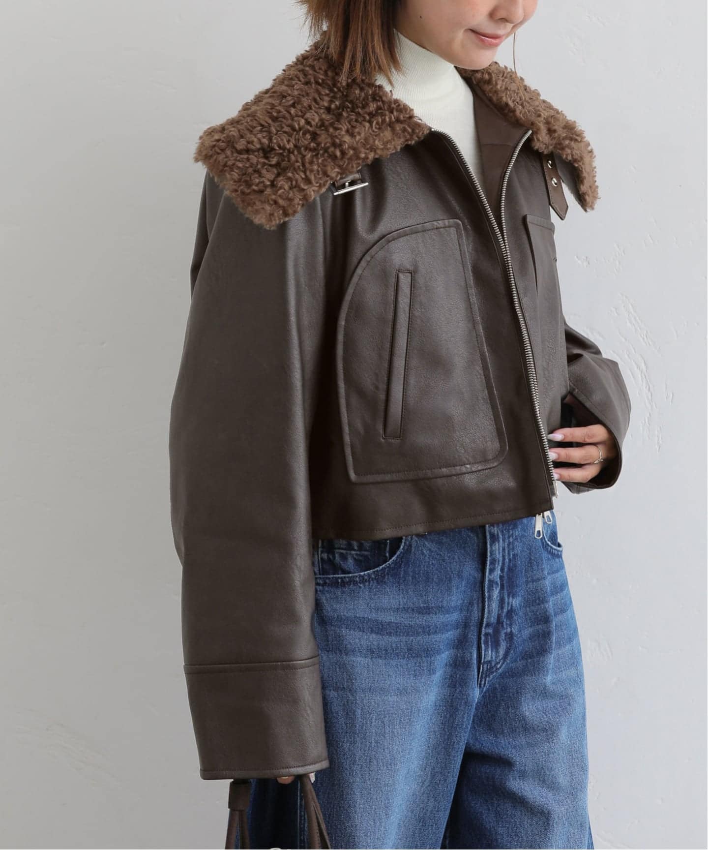 【美品】フェイクレザーショートブルゾン ブラウン フリーサイズ FREAK'S STORE ブルゾン アウター フェイクレザー ショート