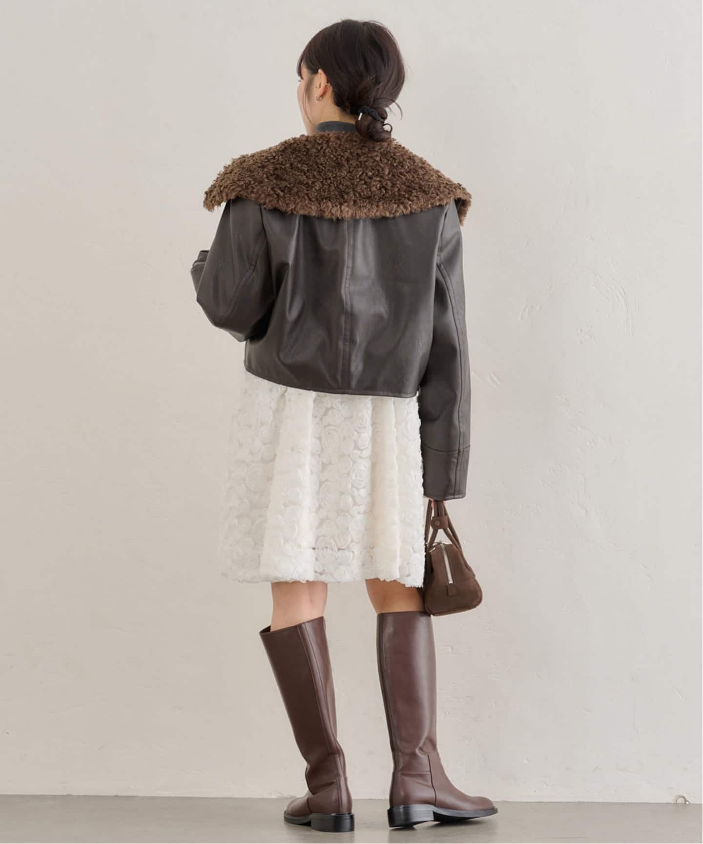 フェイクレザーショートブルゾン ブラウン 美品 2色展開】「Meridian」フェイクレザー ショート ブルゾン