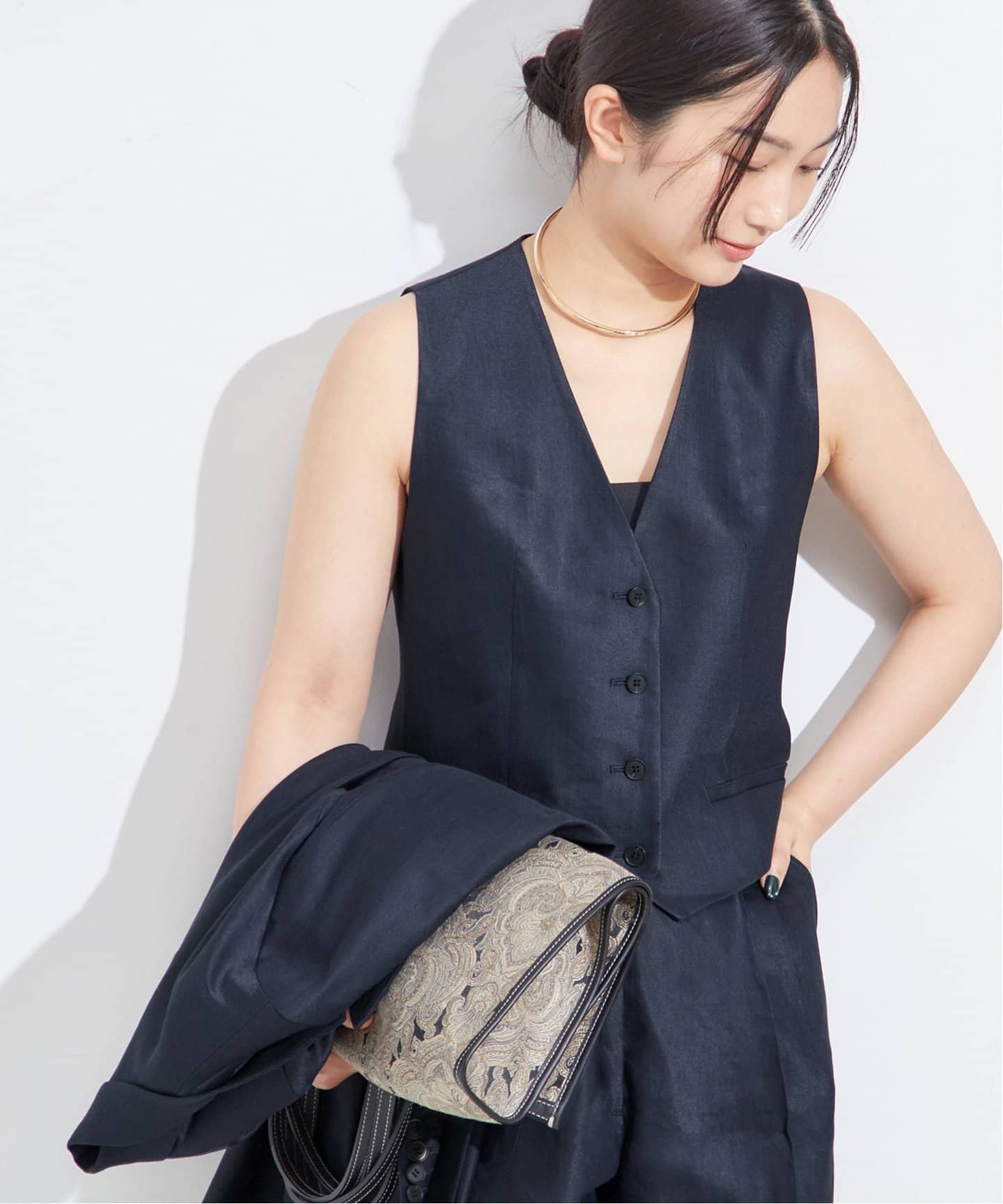 ANNARITA N(アンナリタエンネ)チェック柄ベスト(サイズ42)(グリーン×ネイビー) NALYA リネン/チェック ベスト（ベスト）｜JOURNAL STANDARD L